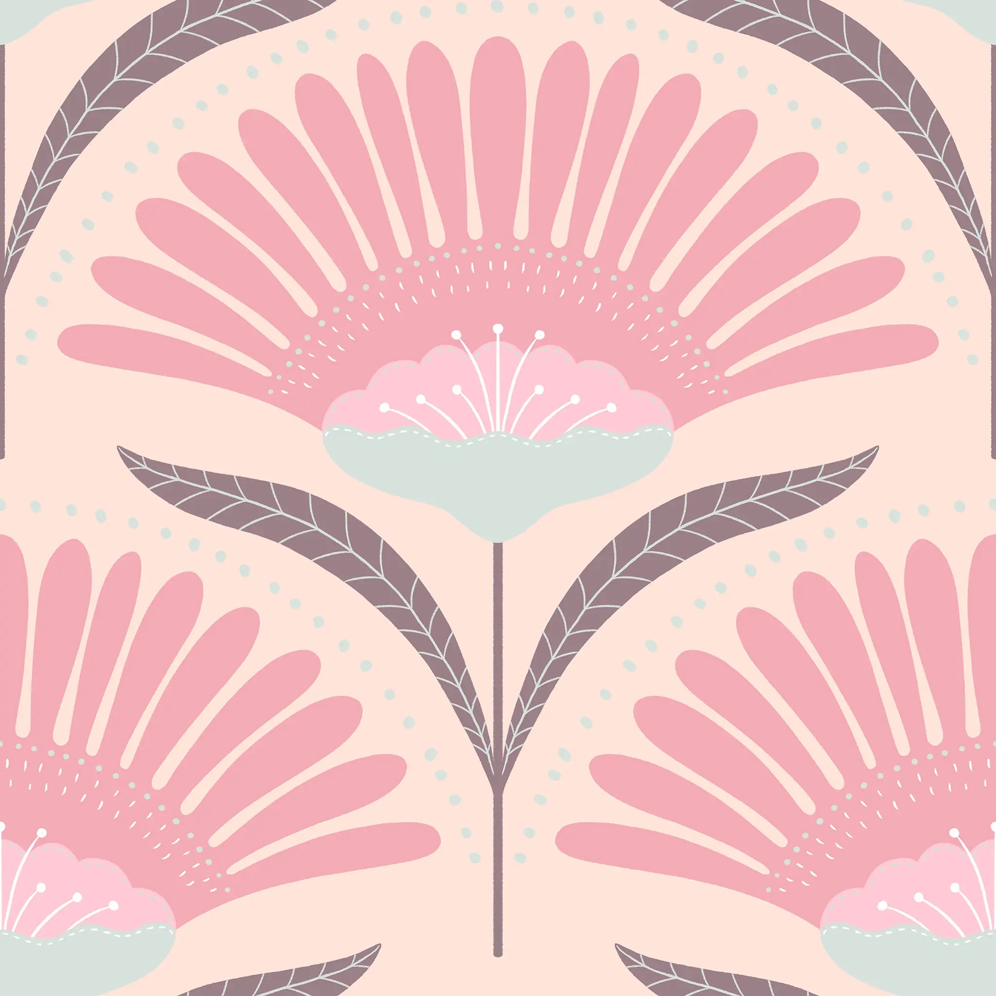 Decorative pattern with pink and purple floral elements on a light pink background
