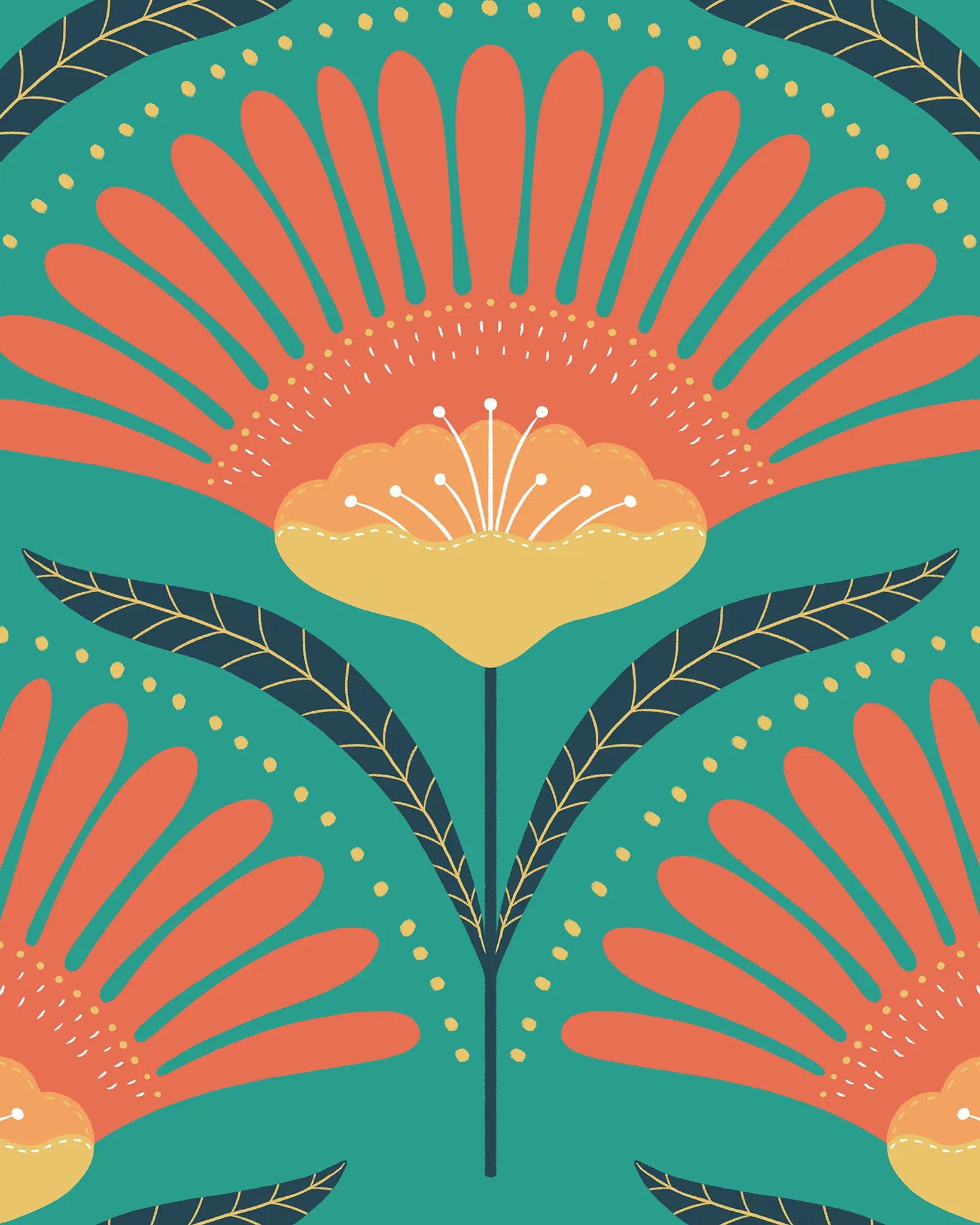 Decorative pattern with orange flowers and green leaves on a teal background