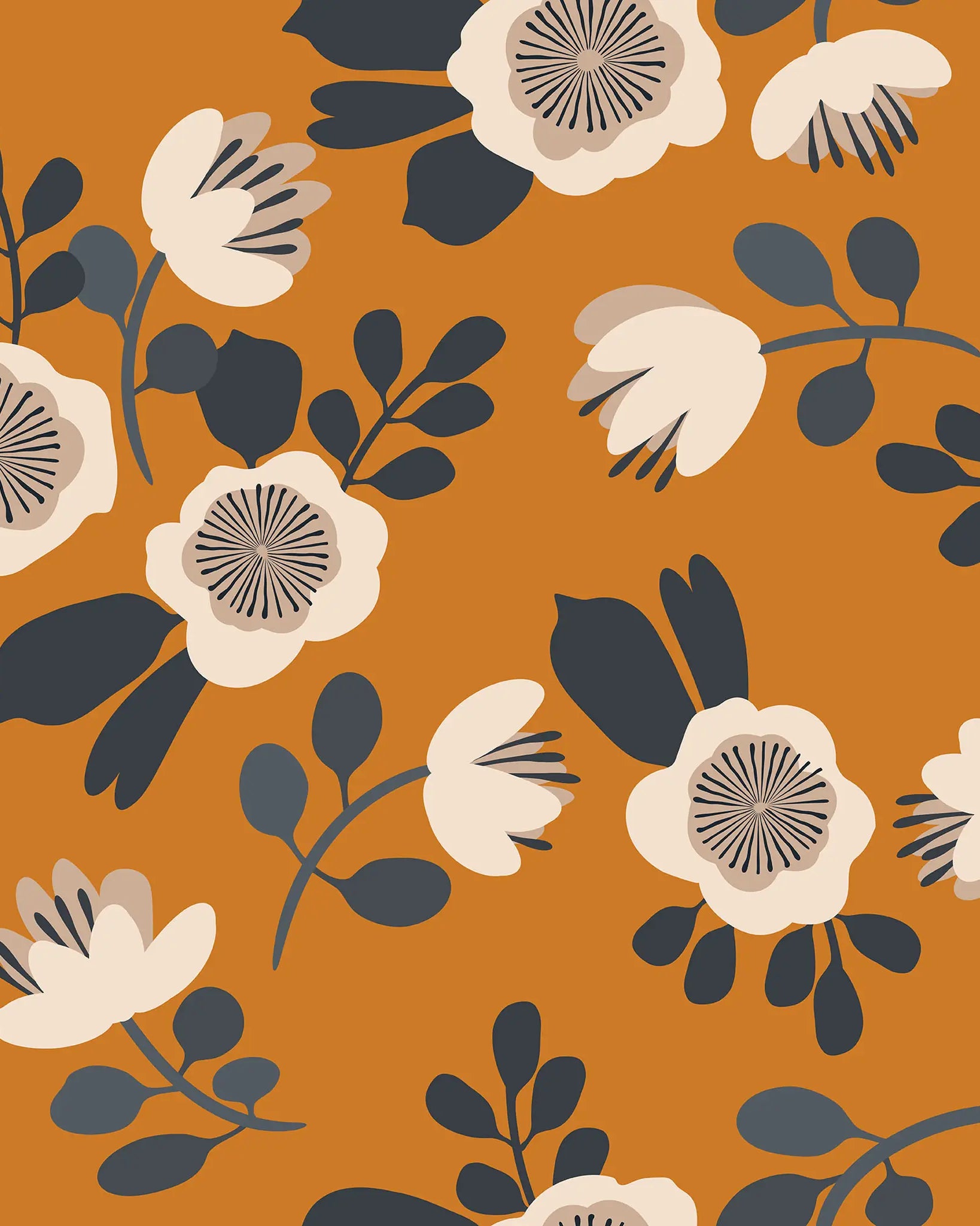 Floral pattern with white and dark blue flowers on a mustard yellow background