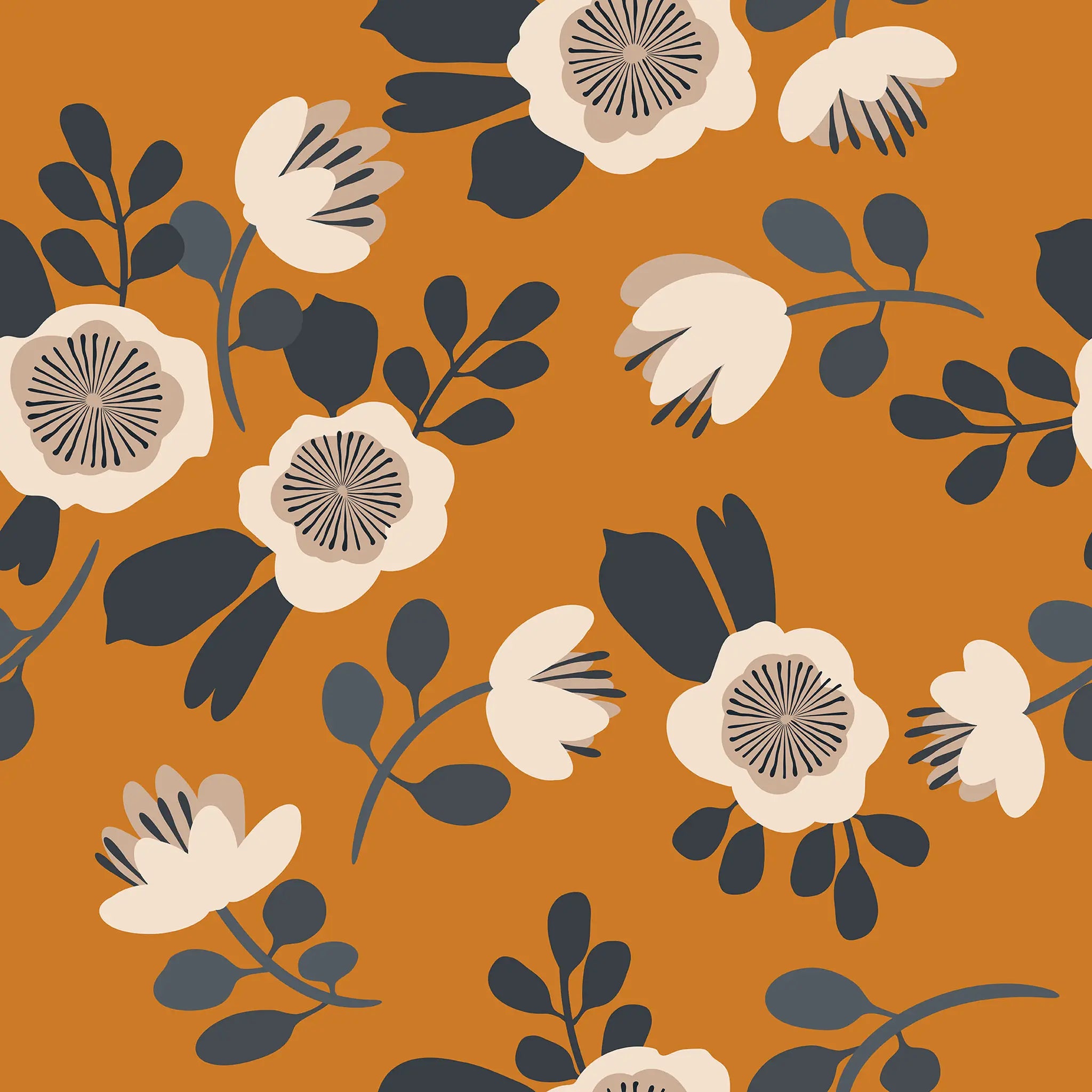 Floral pattern with white and dark blue flowers on a mustard yellow background