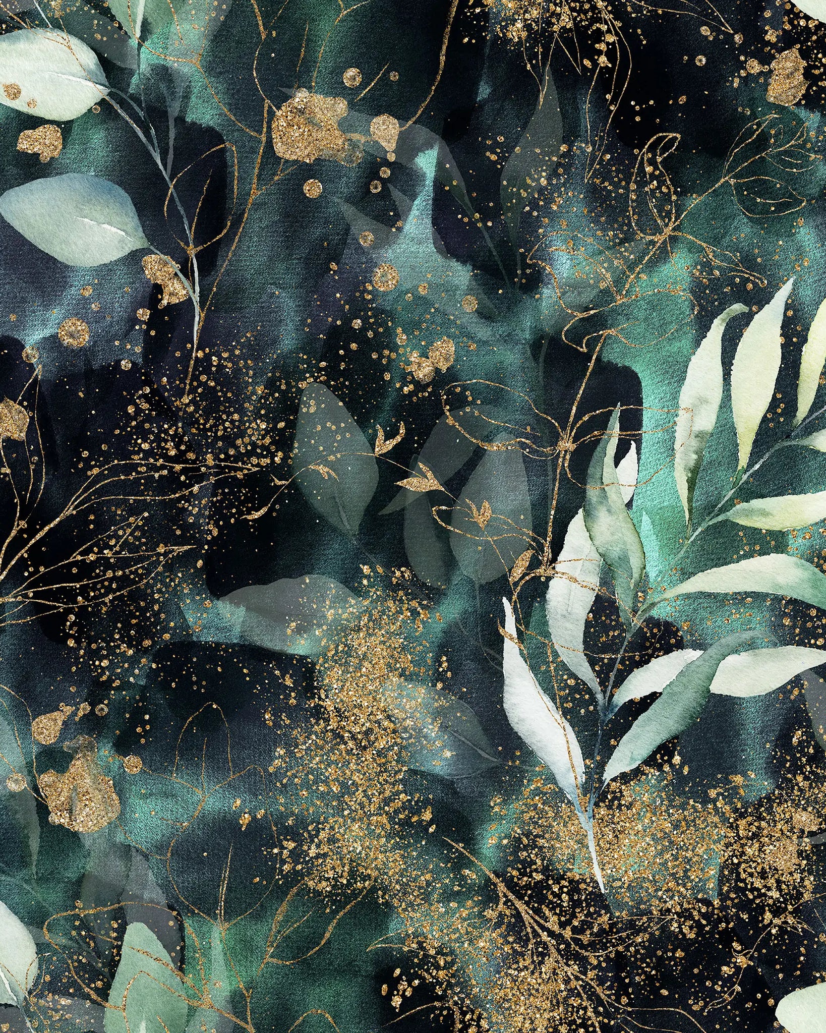 Floral pattern with leaves and gold accents on a dark background