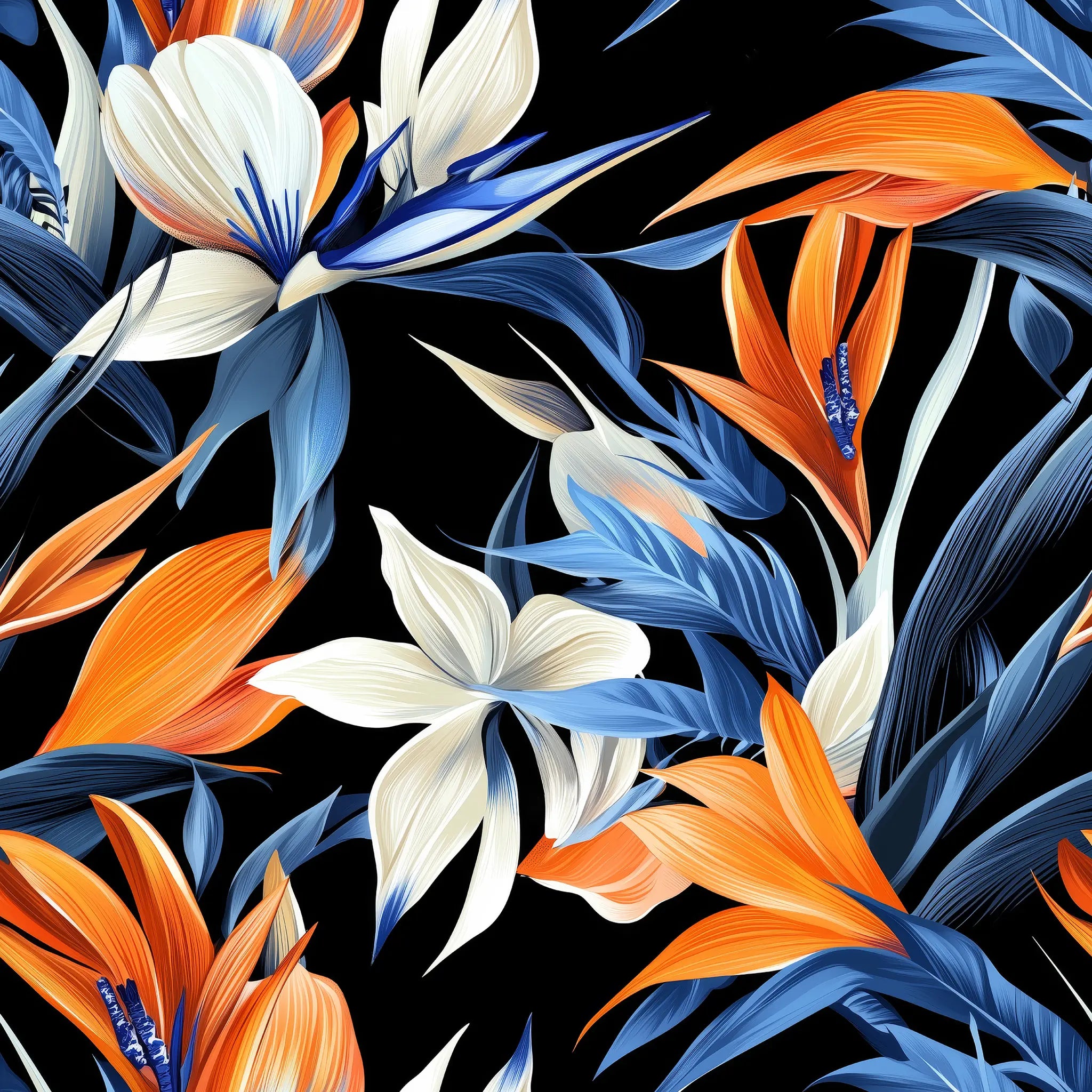 Colorful floral pattern with orange, blue, and white flowers on a black background