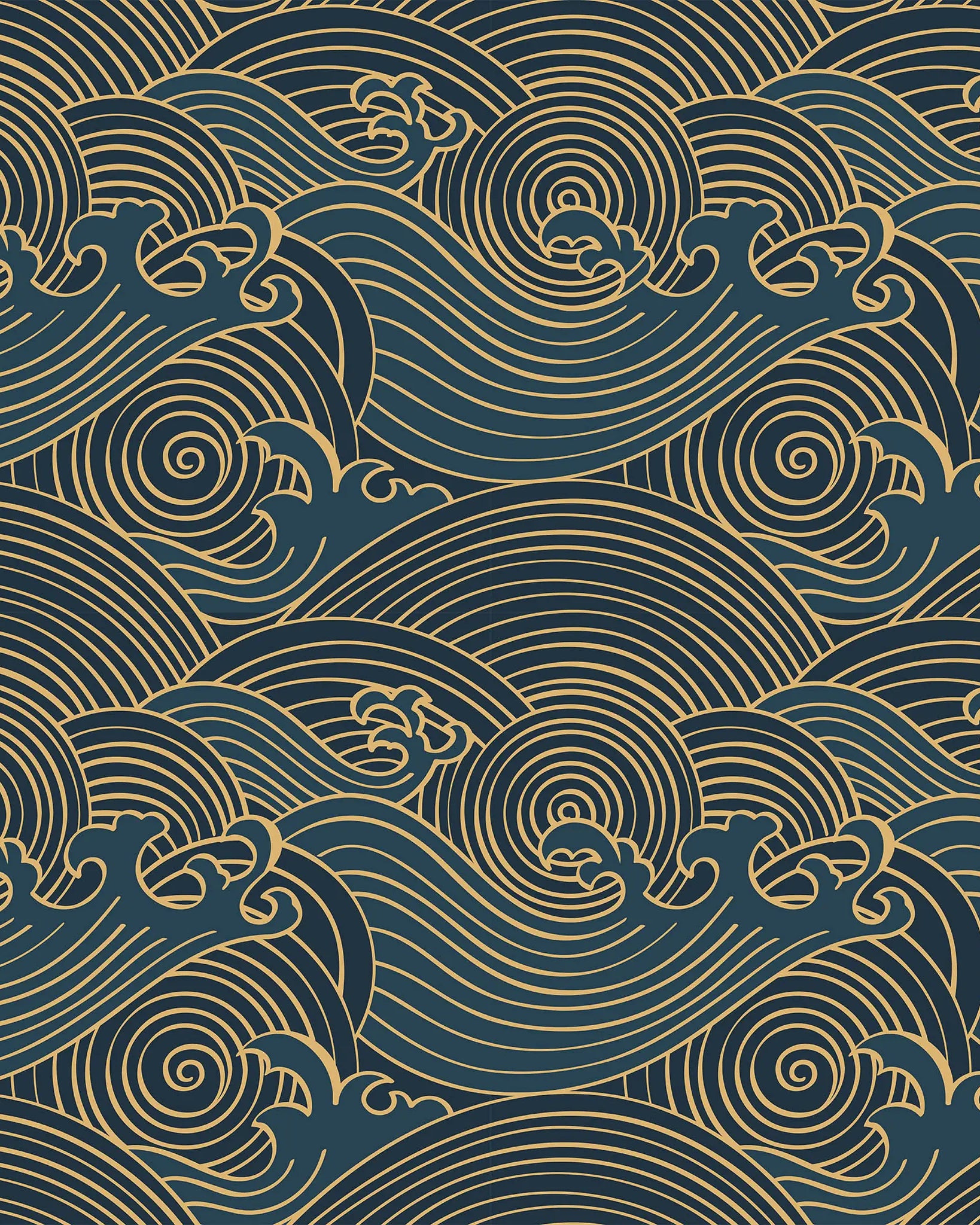 Decorative pattern of stylized waves in gold on a dark blue background