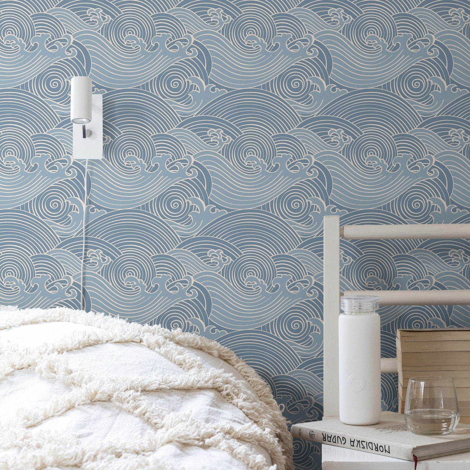 Bright Waves Peel and Stick Wallpaper, Removable Wallpaper, Traditional Wallpaper - Dark Blue | DeccoPrint