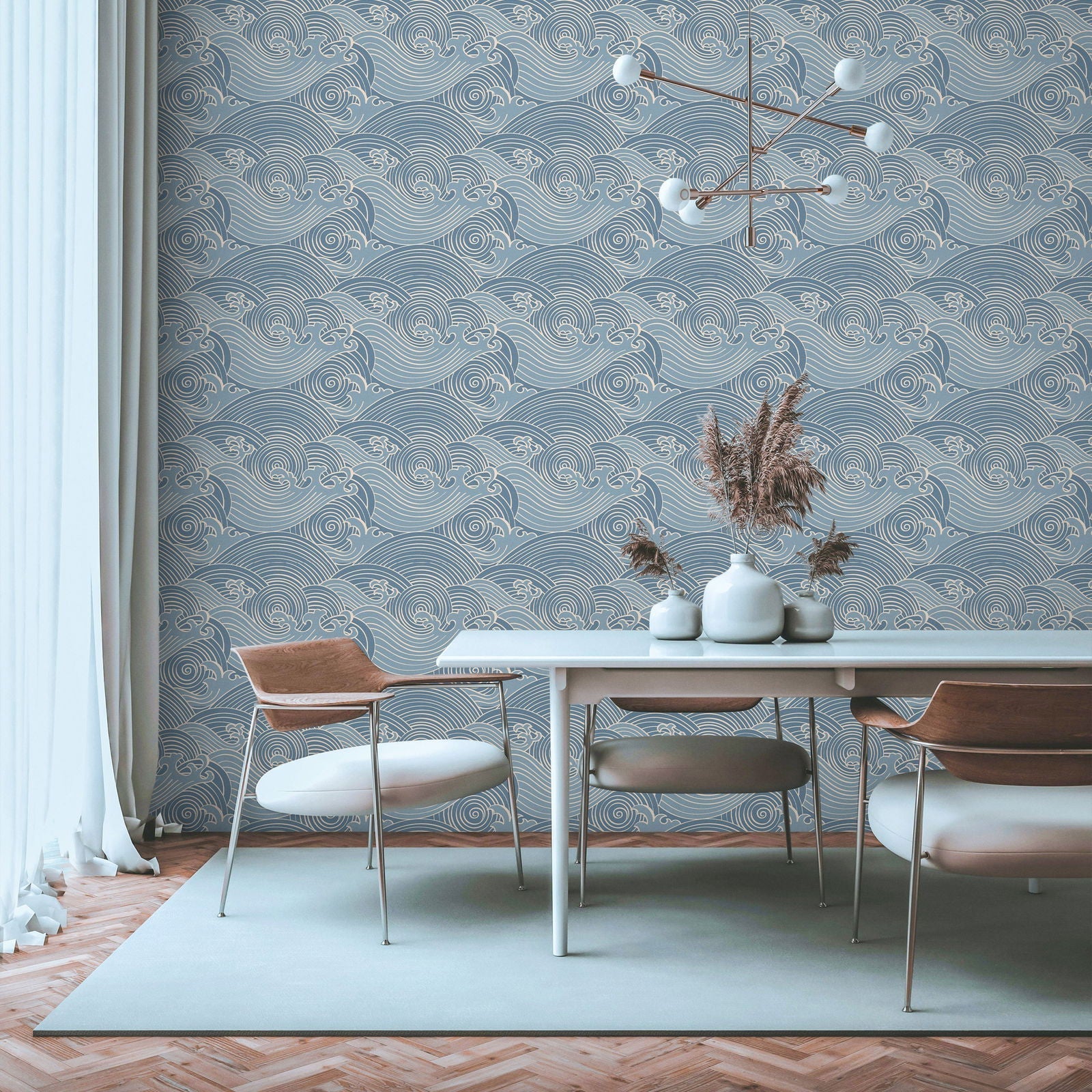 Bright Waves Peel and Stick Wallpaper, Removable Wallpaper, Traditional Wallpaper - Dark Blue | DeccoPrint
