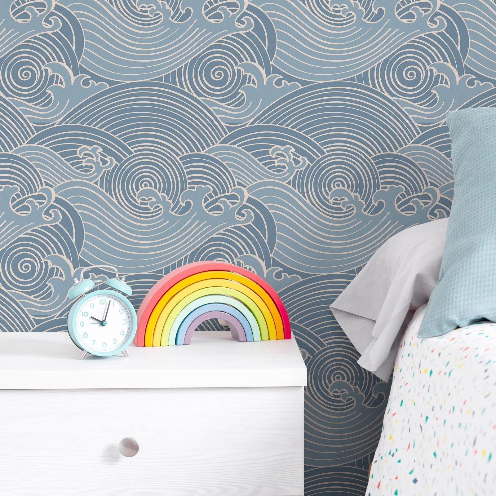 Bright Waves Peel and Stick Wallpaper, Removable Wallpaper, Traditional Wallpaper - Dark Blue | DeccoPrint