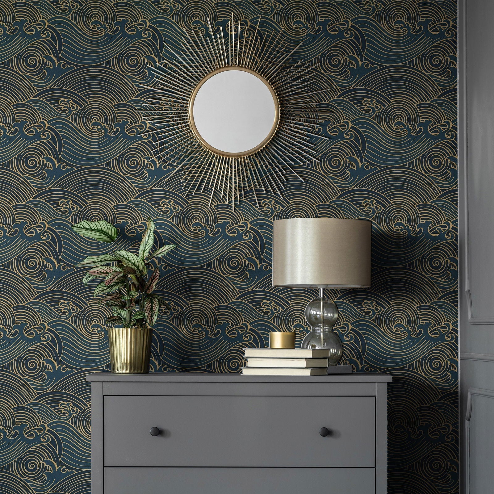 Bright Waves Peel and Stick Wallpaper, Removable Wallpaper, Traditional Wallpaper - Gold | DeccoPrint