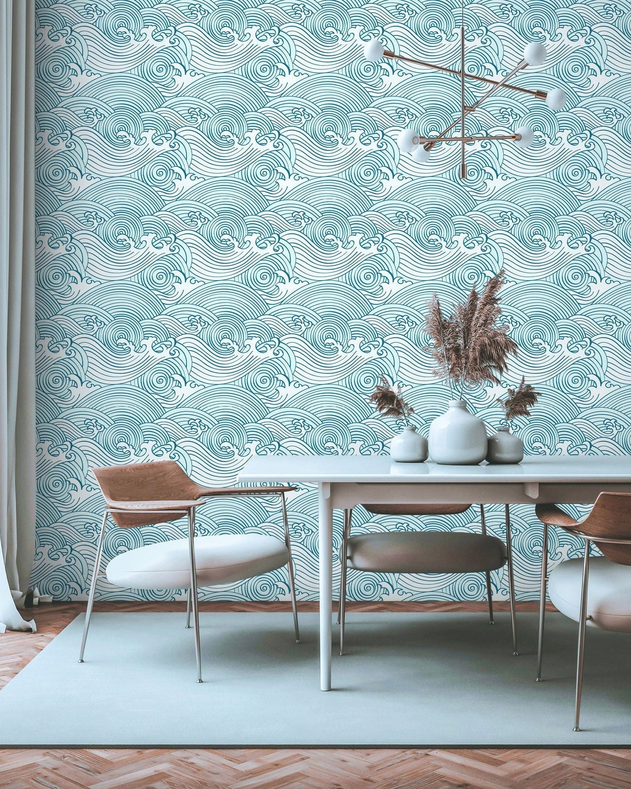 Bright Waves Peel and Stick Wallpaper, Removable Wallpaper, Traditional Wallpaper - Teal | DeccoPrint