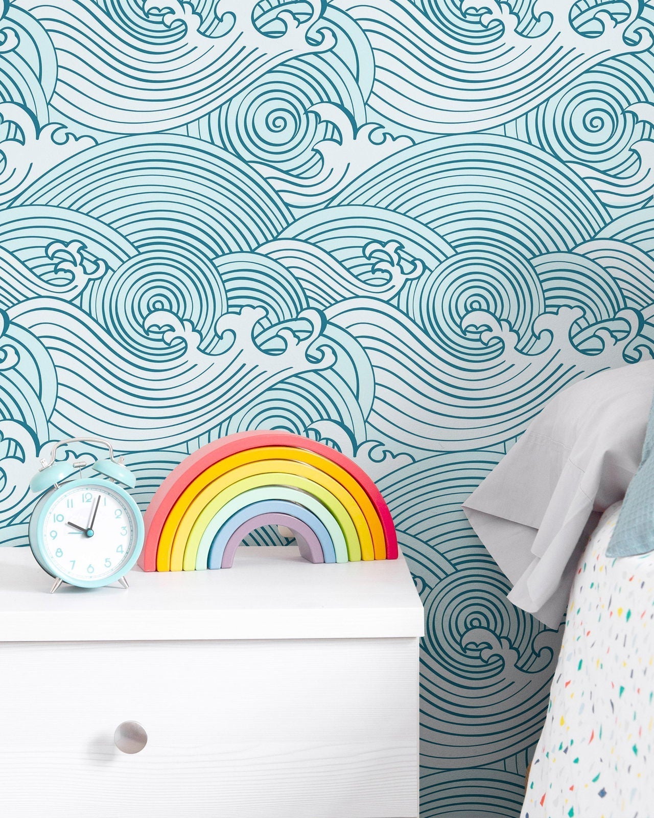 Bright Waves Peel and Stick Wallpaper, Removable Wallpaper, Traditional Wallpaper - Teal | DeccoPrint