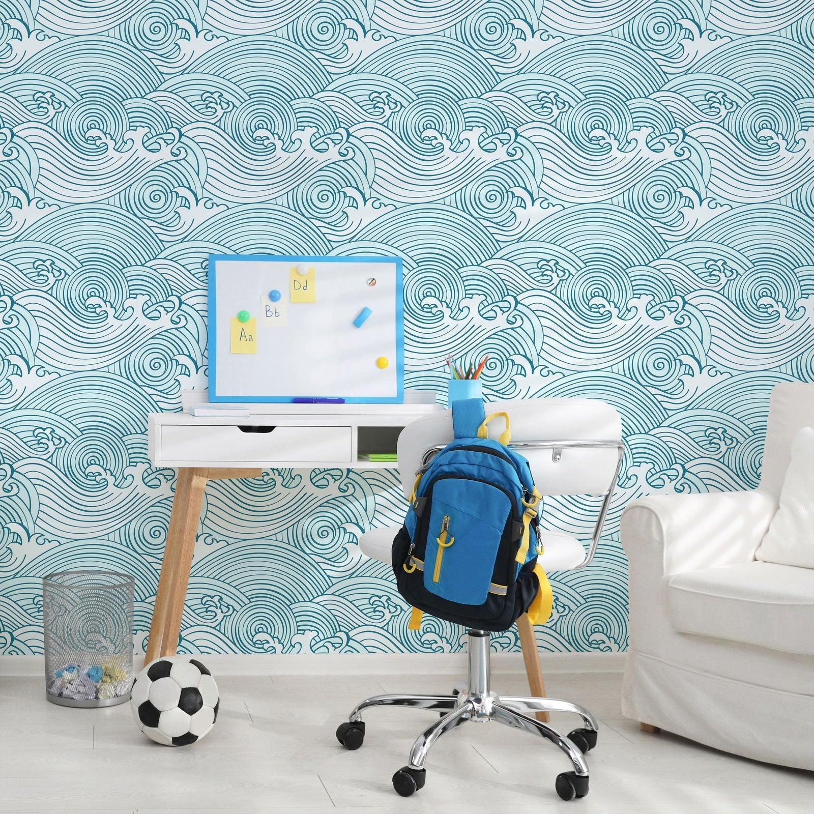 Bright Waves Peel and Stick Wallpaper, Removable Wallpaper, Traditional Wallpaper - Teal | DeccoPrint