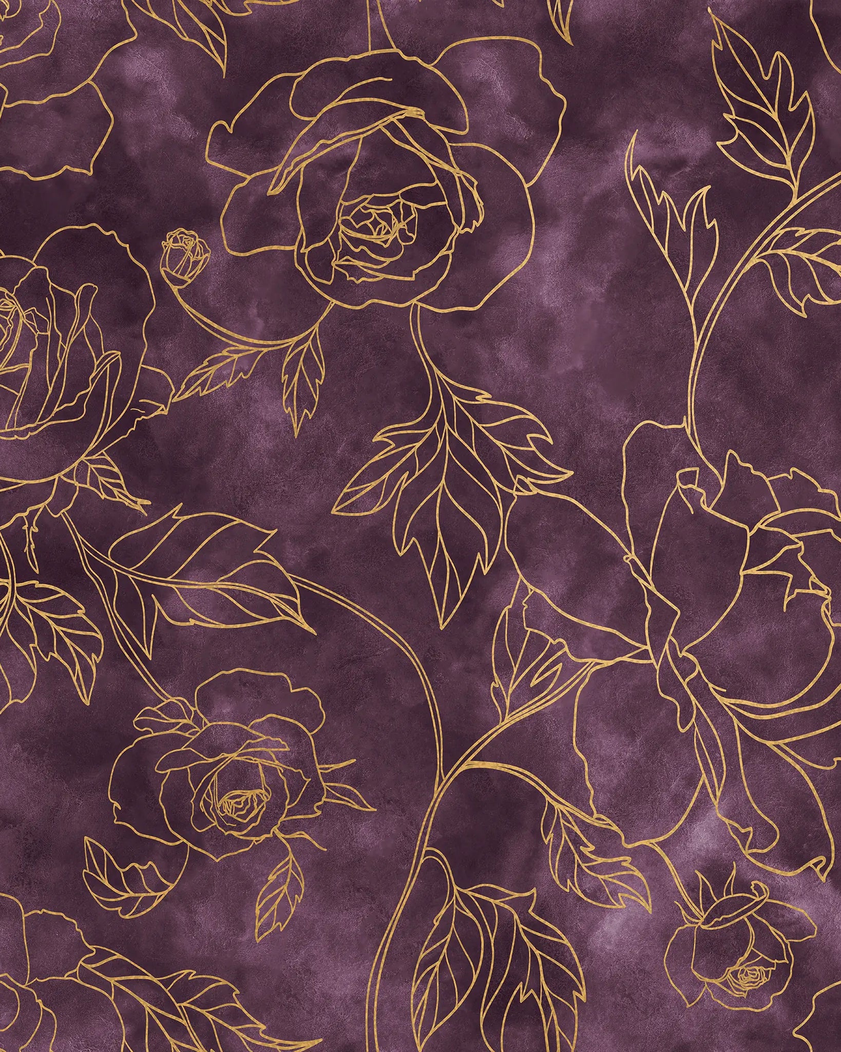Gold floral outlines on a purple textured background
