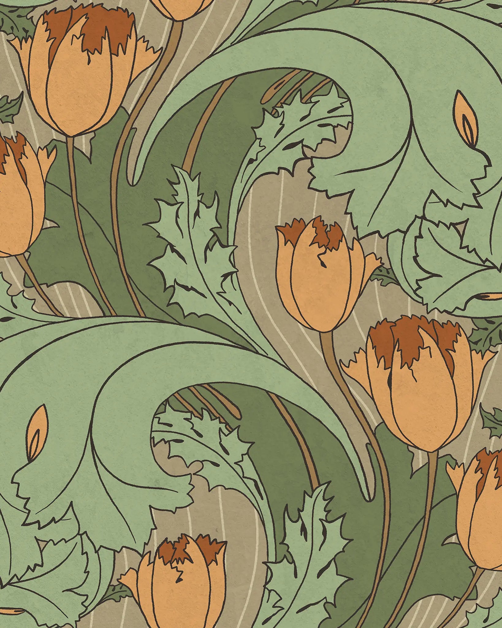 Art Nouveau style pattern with orange flowers and green leaves on a beige background