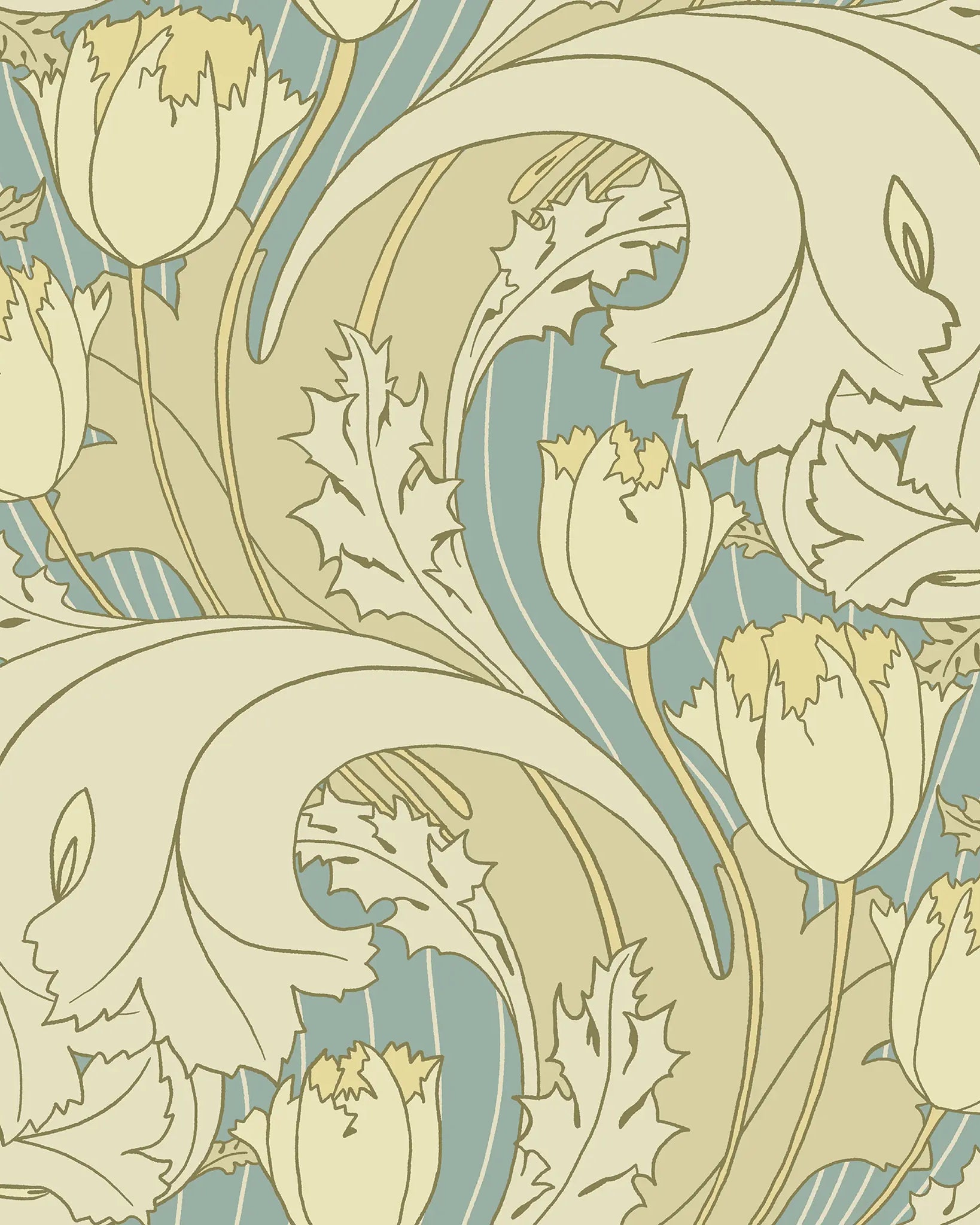 Decorative pattern with tulips and floral elements in beige and blue on a beige background