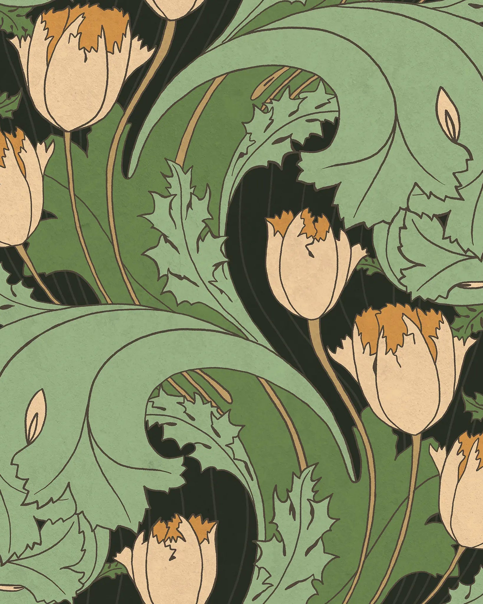 Art Nouveau style design with flowers and leaves in green and beige tones.