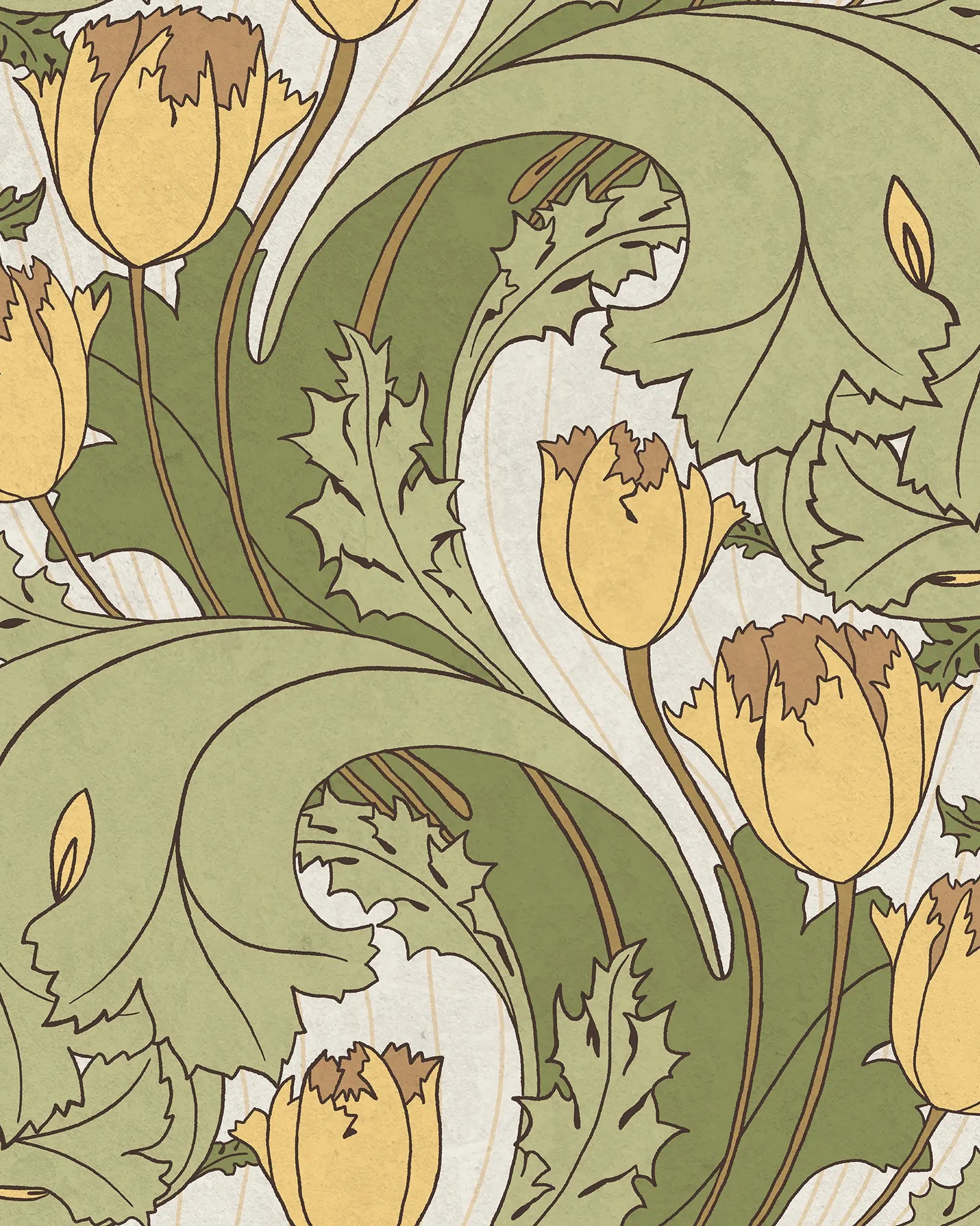 Decorative pattern with yellow flowers and green leaves on a beige background