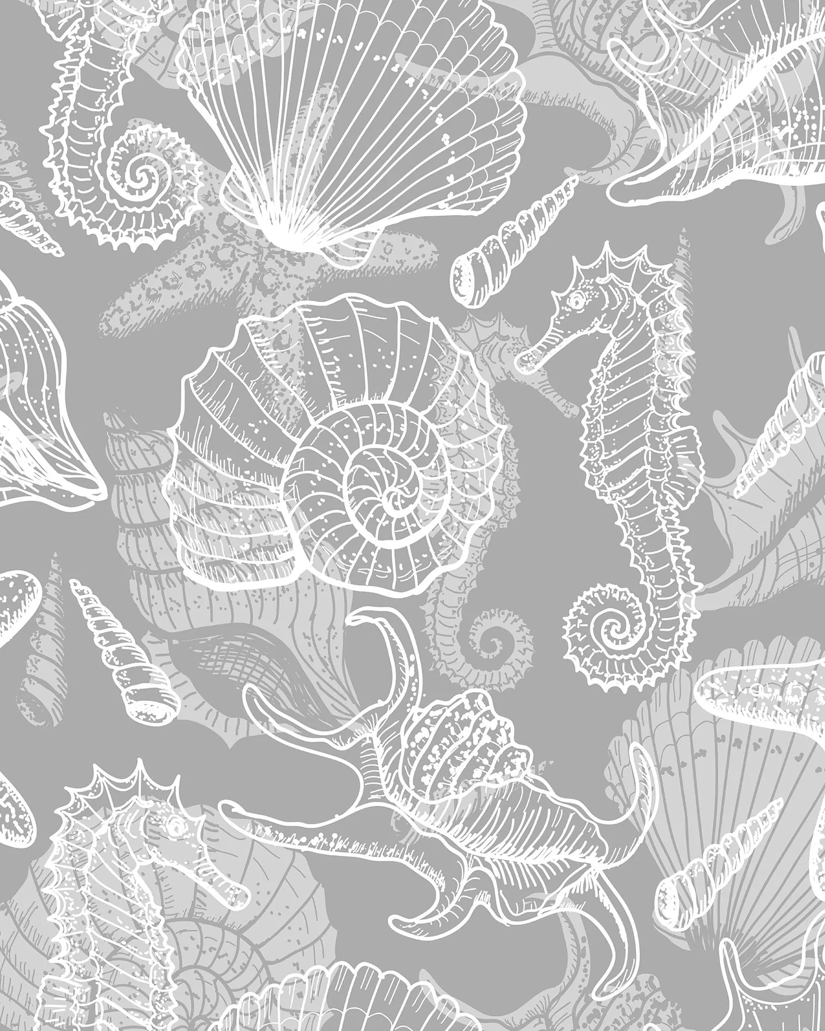 Seashell and seahorse pattern on a gray background