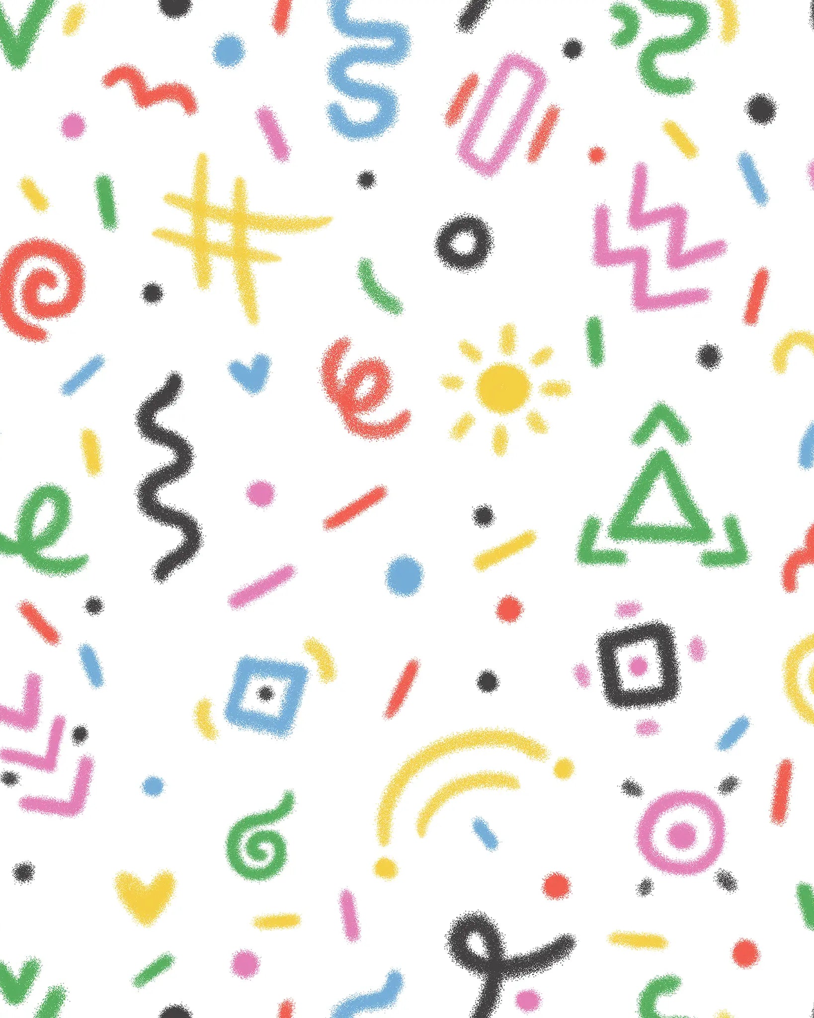 Pattern of colorful geometric shapes on a white background