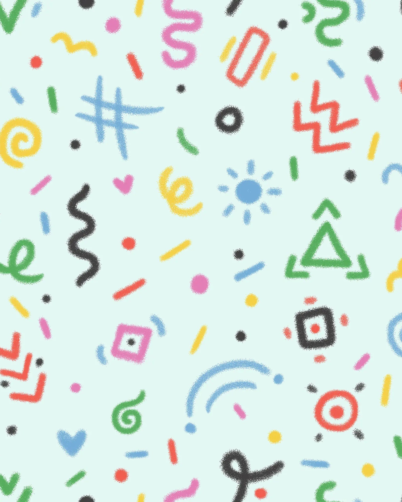 Colorful geometric shapes and symbols on a light blue background