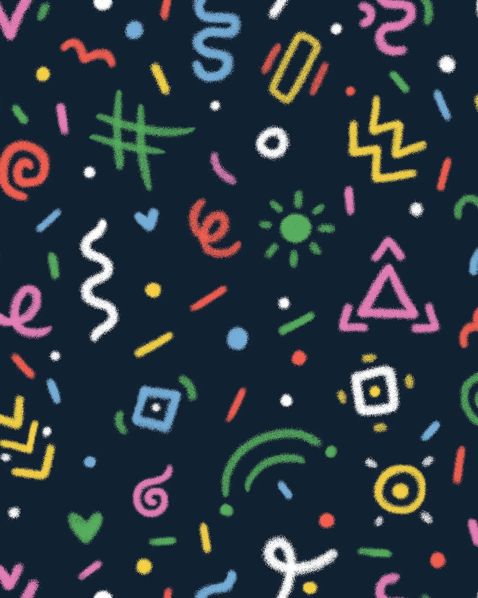 Colorful geometric patterns on a dark blue background