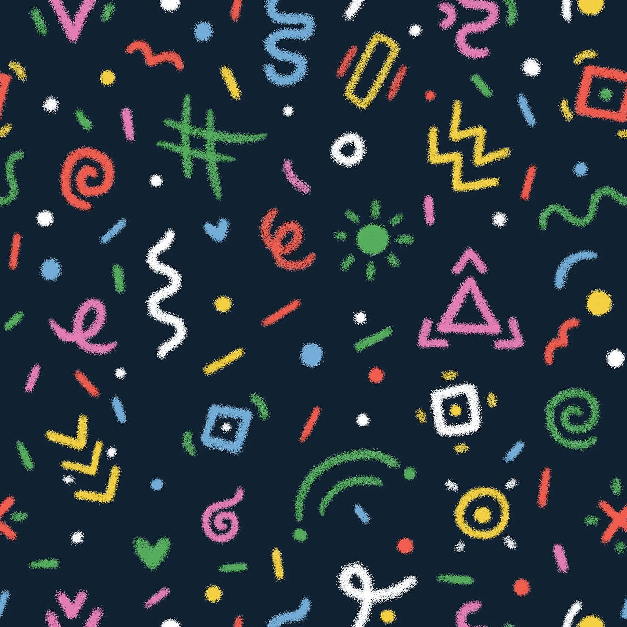 Colorful geometric patterns on a dark blue background