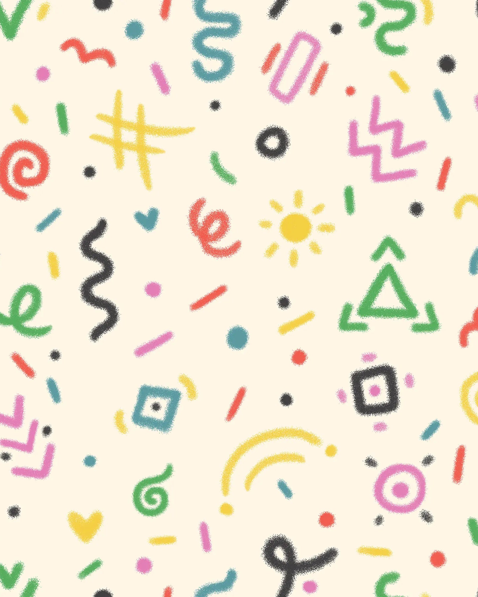 Pattern of colorful geometric shapes on a beige background