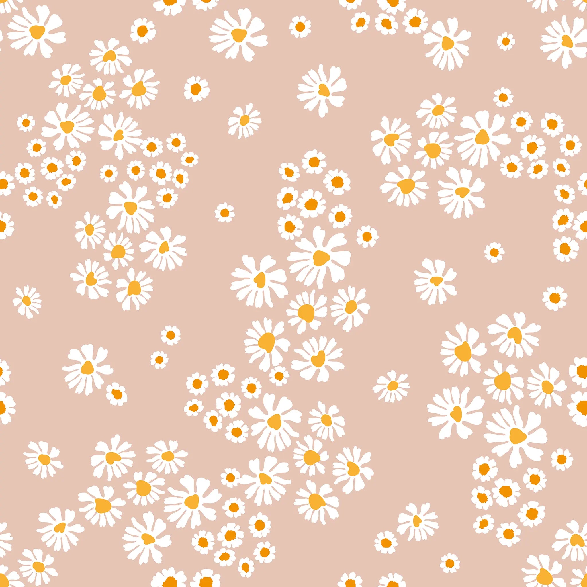 Pattern of white flowers with yellow centers on a beige background
