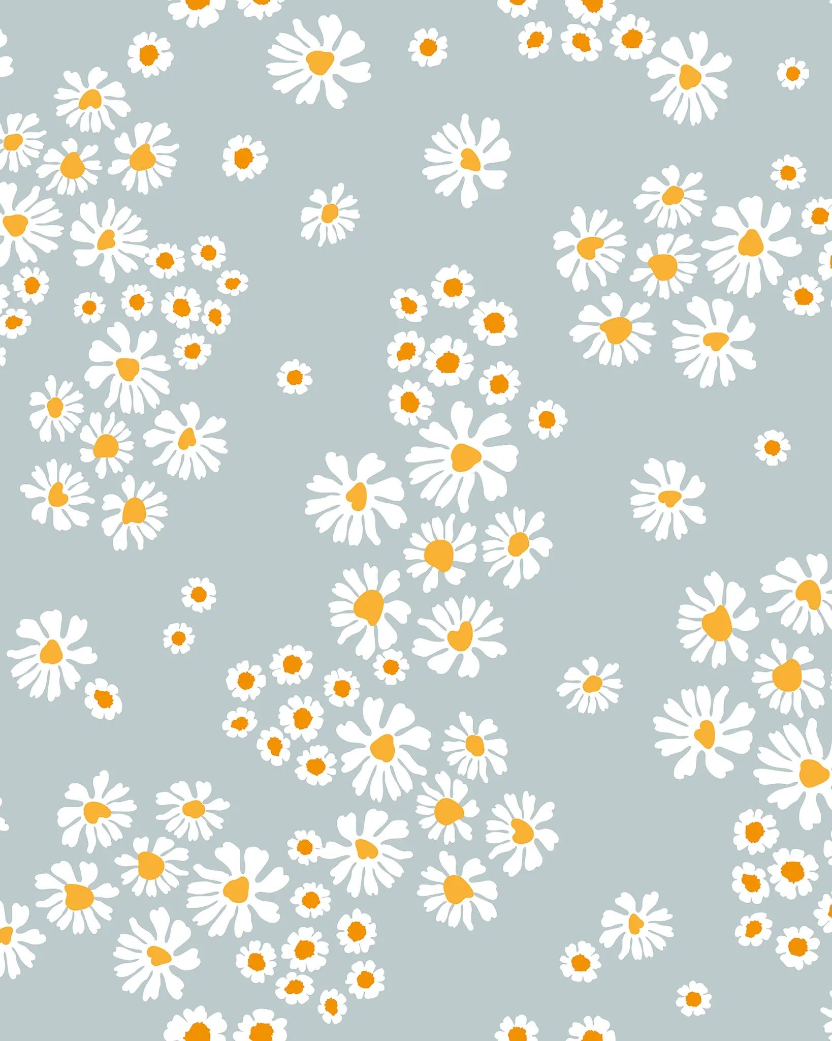 Pattern of white daisies with yellow centers on a light blue background