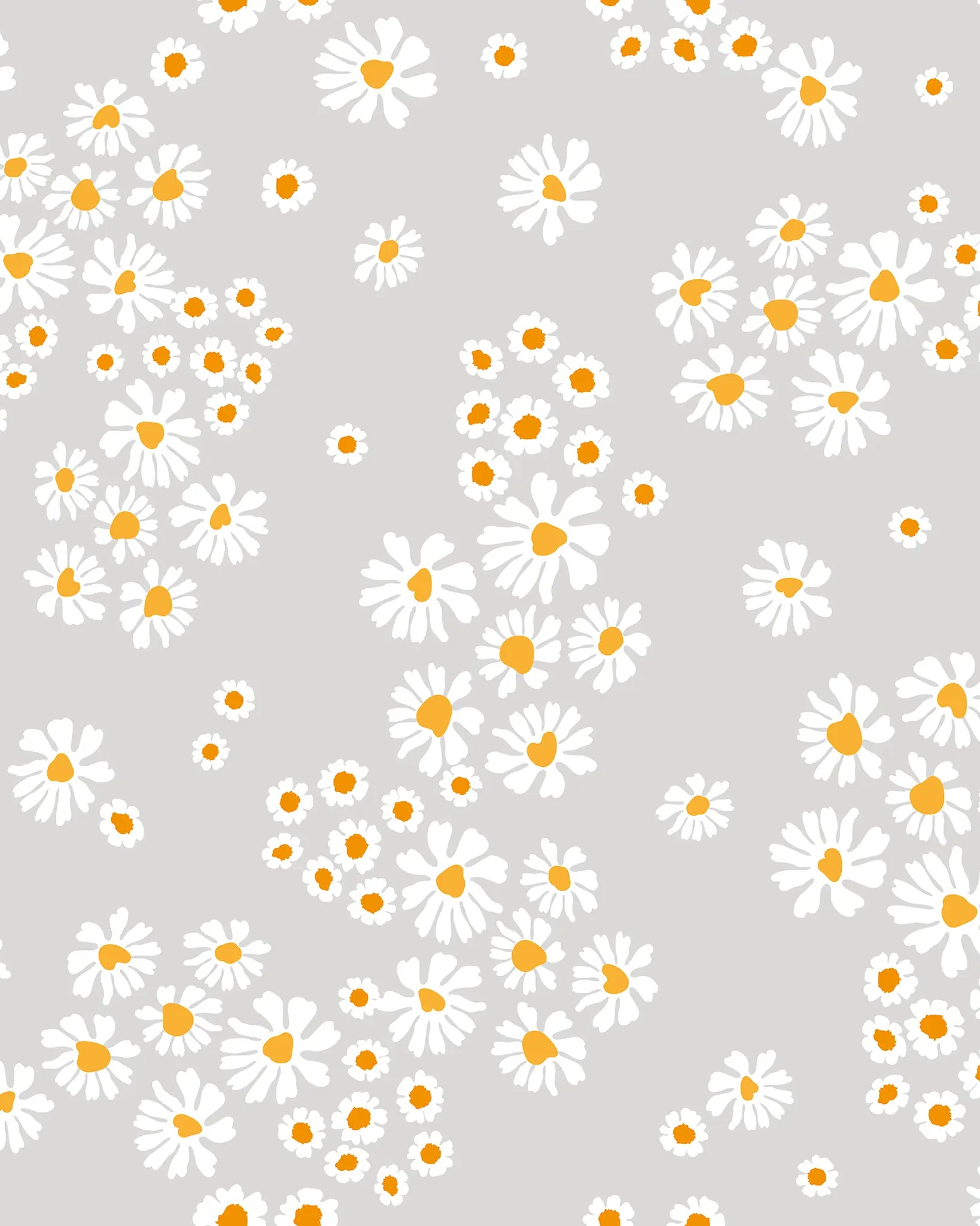 Pattern of white flowers with yellow centers on a gray background
