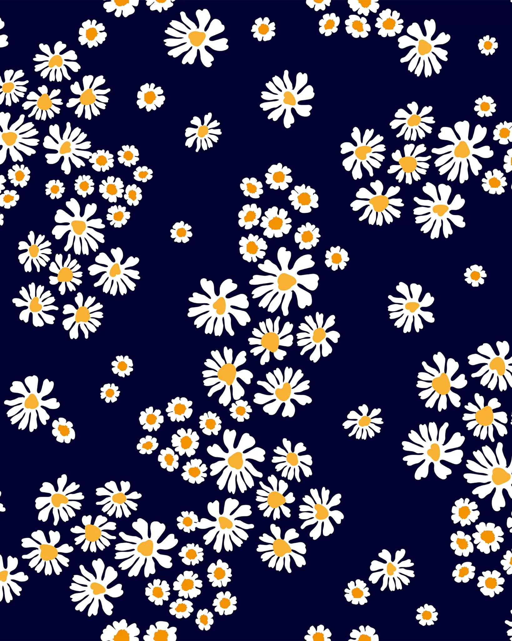 White flowers with yellow centers on a dark blue background