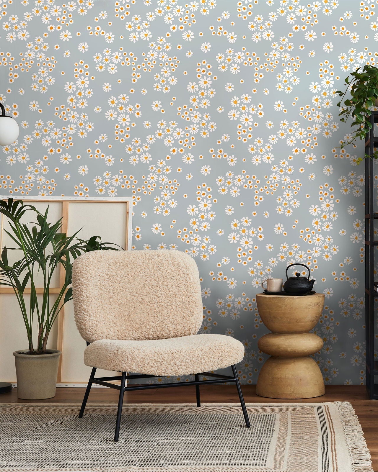 Chamomile Meadow Peel and Stick Wallpaper, Removable Wallpaper, Traditional Wallpaper - Blue | DeccoPrint
