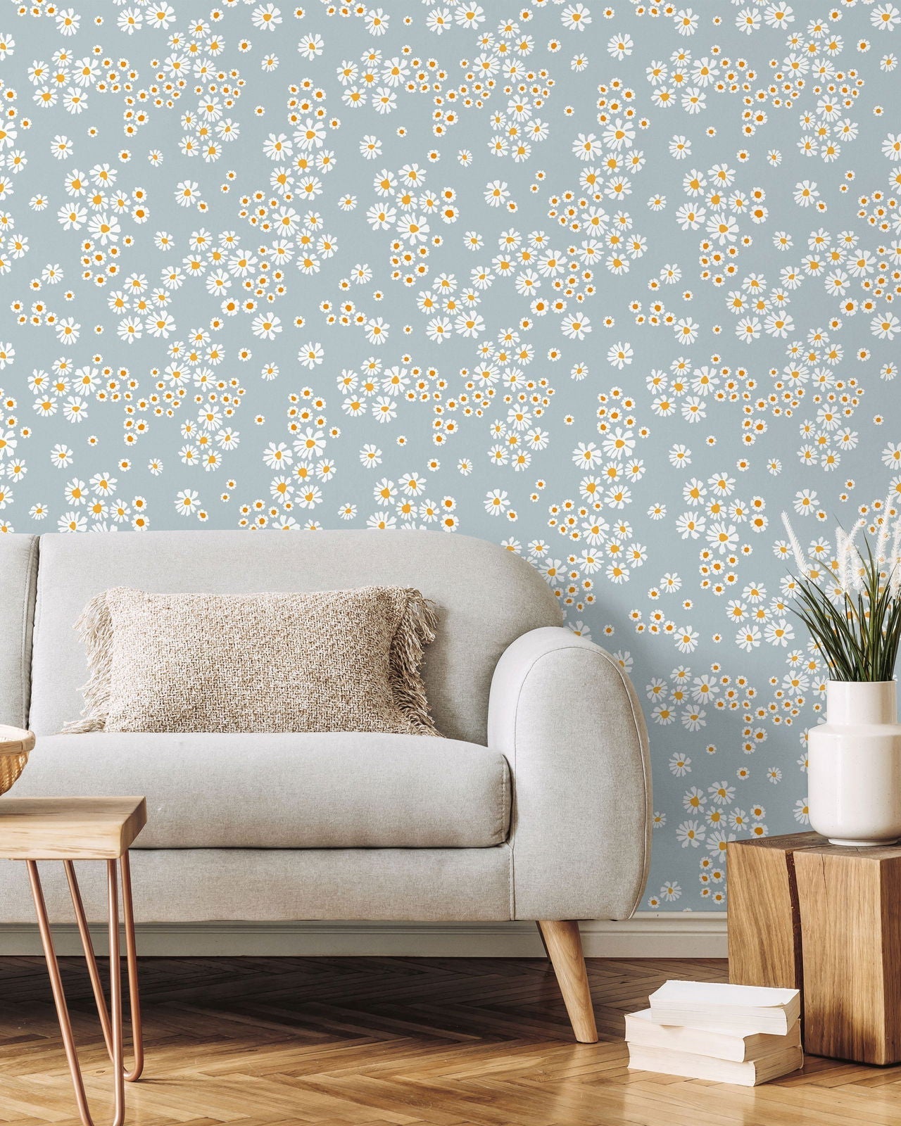 Chamomile Meadow Peel and Stick Wallpaper, Removable Wallpaper, Traditional Wallpaper - Blue | DeccoPrint
