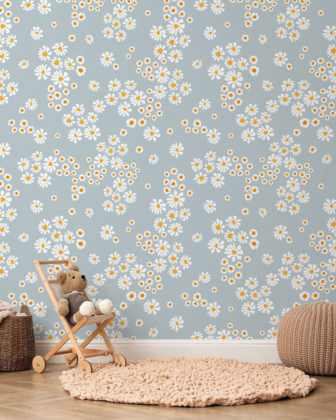 Chamomile Meadow Peel and Stick Wallpaper, Removable Wallpaper, Traditional Wallpaper - Blue | DeccoPrint