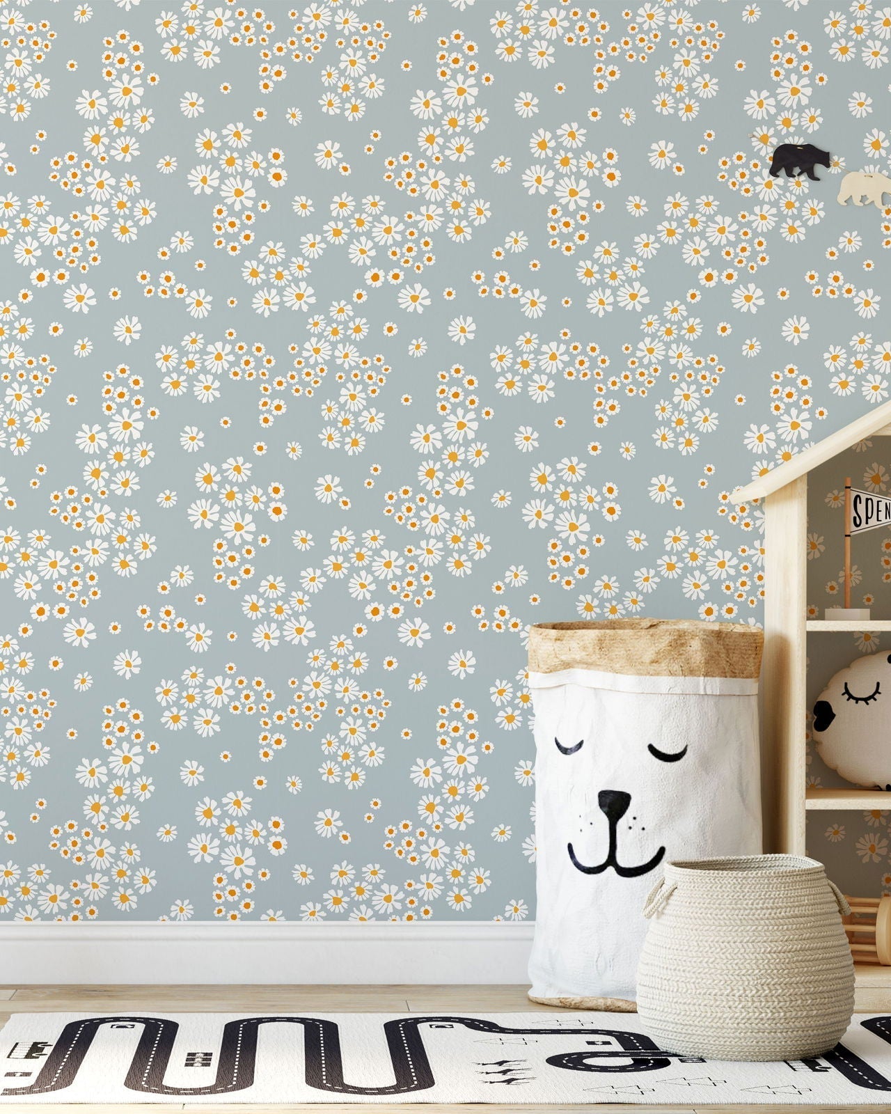 Chamomile Meadow Peel and Stick Wallpaper, Removable Wallpaper, Traditional Wallpaper - Blue | DeccoPrint
