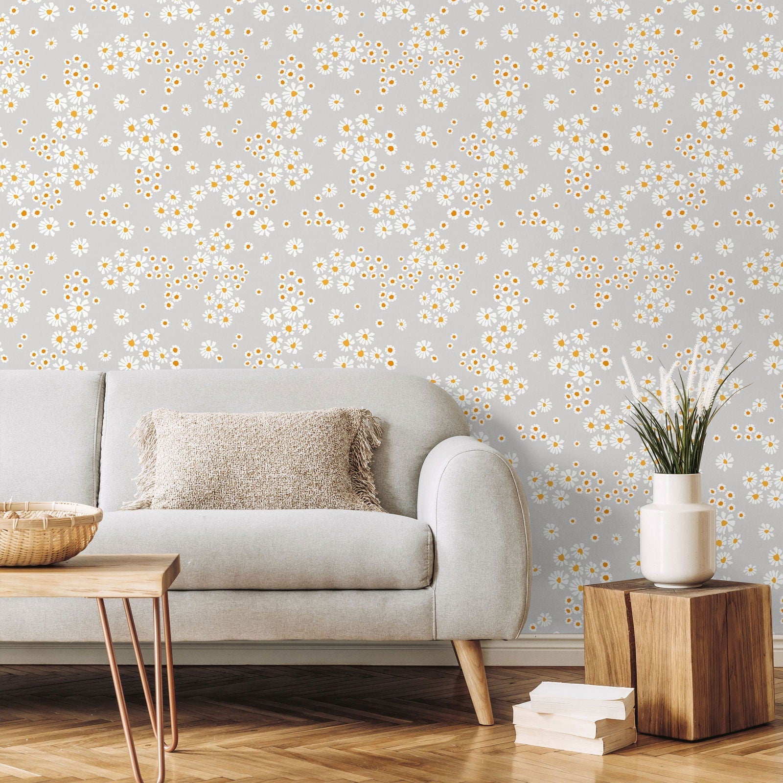 Chamomile Meadow Peel and Stick Wallpaper, Removable Wallpaper, Traditional Wallpaper - Grey | DeccoPrint