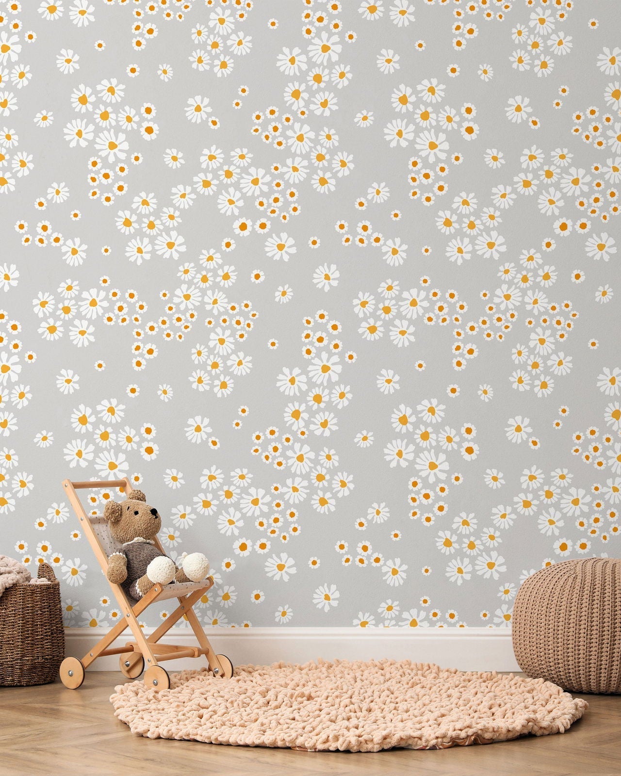 Chamomile Meadow Peel and Stick Wallpaper, Removable Wallpaper, Traditional Wallpaper - Grey | DeccoPrint