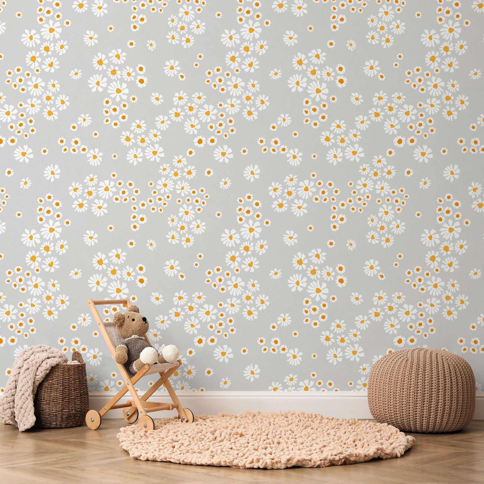 Chamomile Meadow Peel and Stick Wallpaper, Removable Wallpaper, Traditional Wallpaper - Grey | DeccoPrint