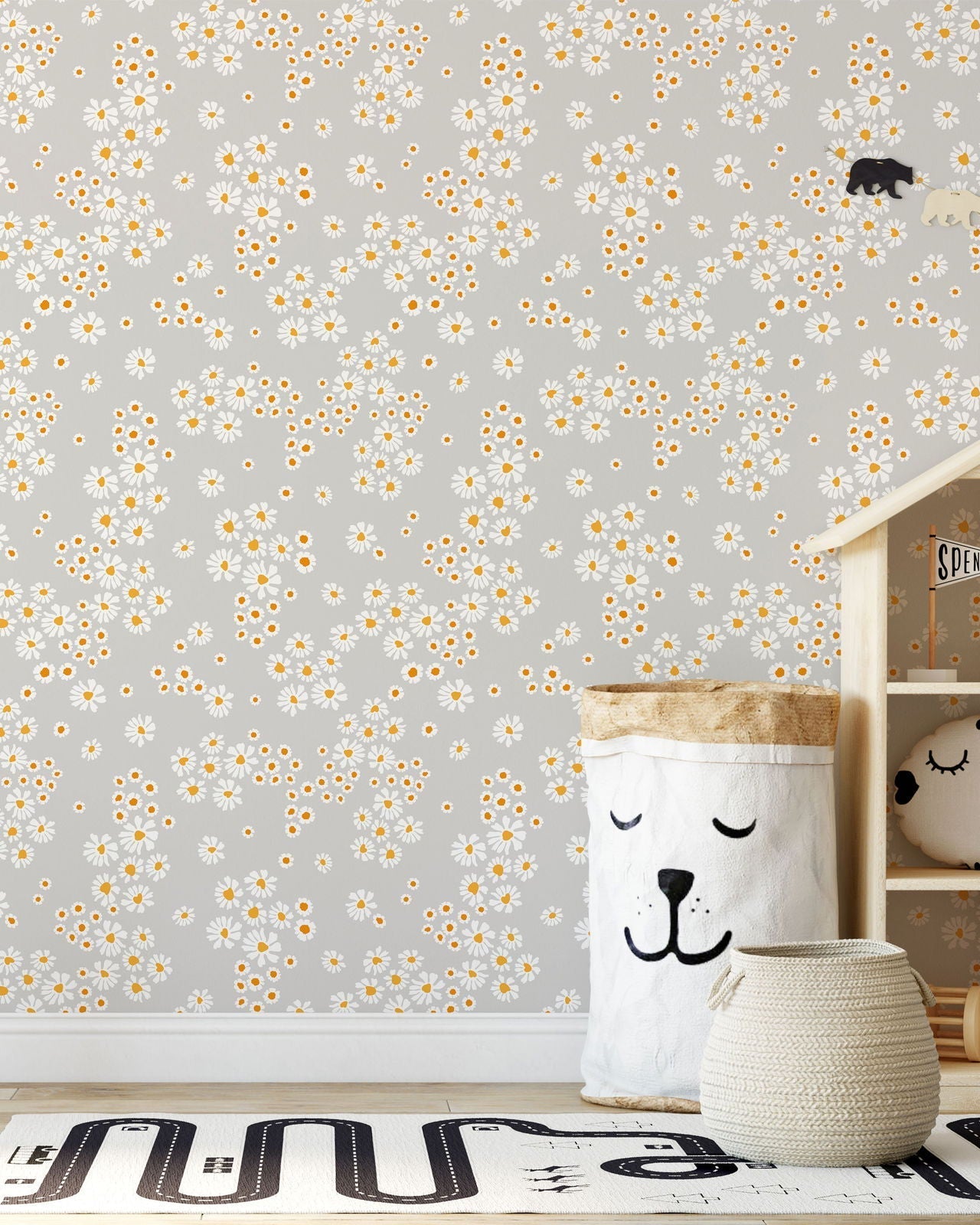 Chamomile Meadow Peel and Stick Wallpaper, Removable Wallpaper, Traditional Wallpaper - Grey | DeccoPrint