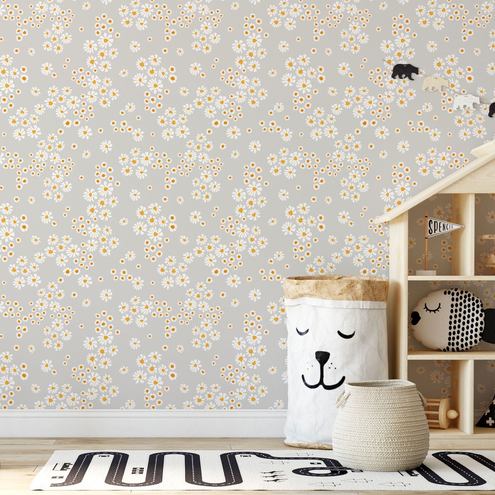 Chamomile Meadow Peel and Stick Wallpaper, Removable Wallpaper, Traditional Wallpaper - Grey | DeccoPrint