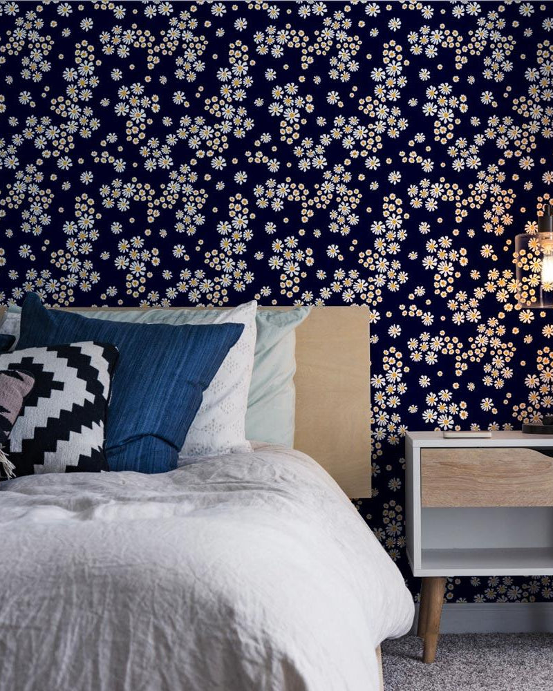 Chamomile Meadow Peel and Stick Wallpaper, Removable Wallpaper, Traditional Wallpaper - Navy | DeccoPrint