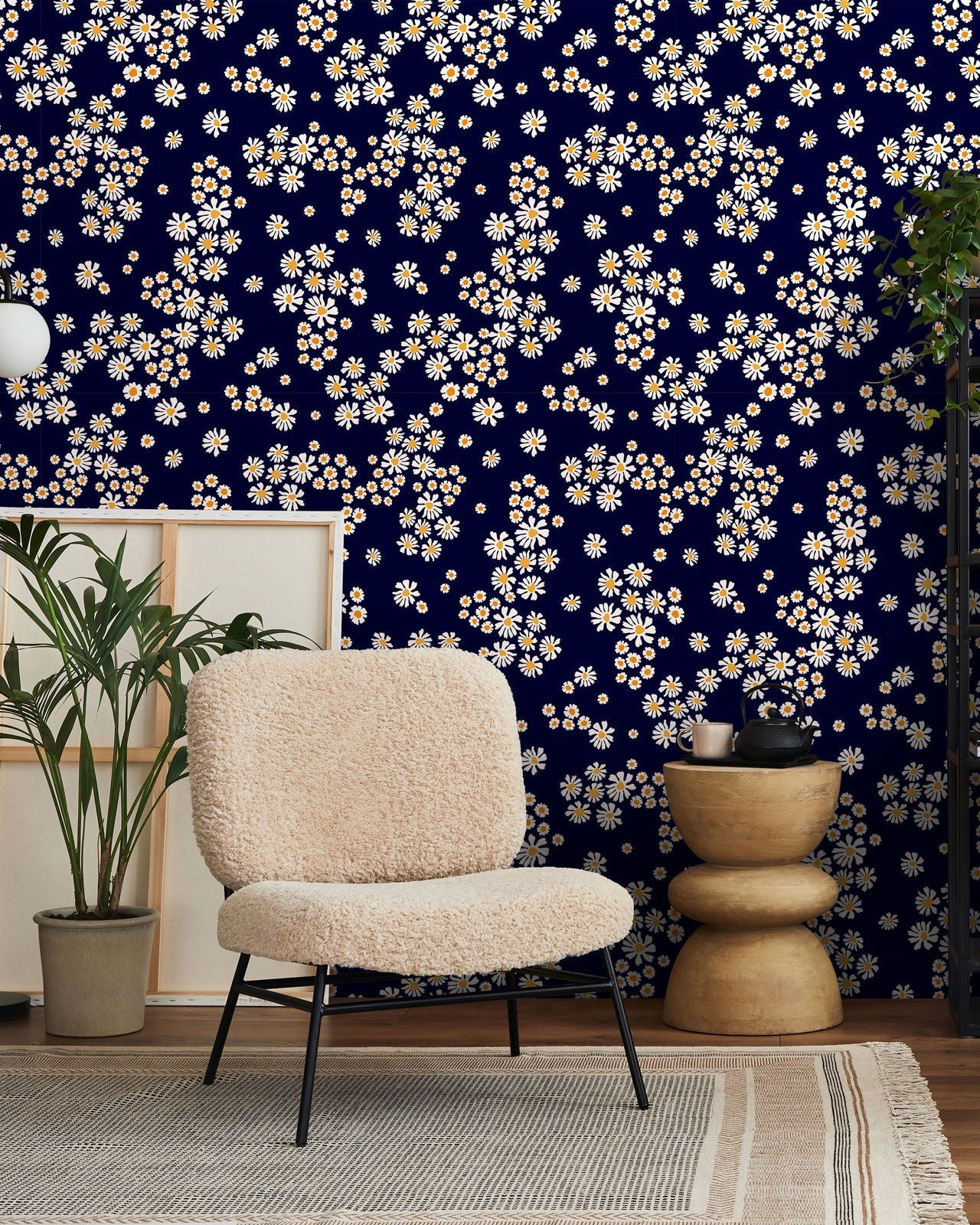 Chamomile Meadow Peel and Stick Wallpaper, Removable Wallpaper, Traditional Wallpaper - Navy | DeccoPrint