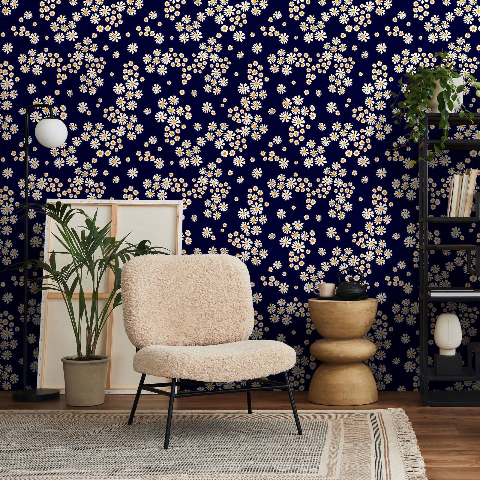Chamomile Meadow Peel and Stick Wallpaper, Removable Wallpaper, Traditional Wallpaper - Navy | DeccoPrint