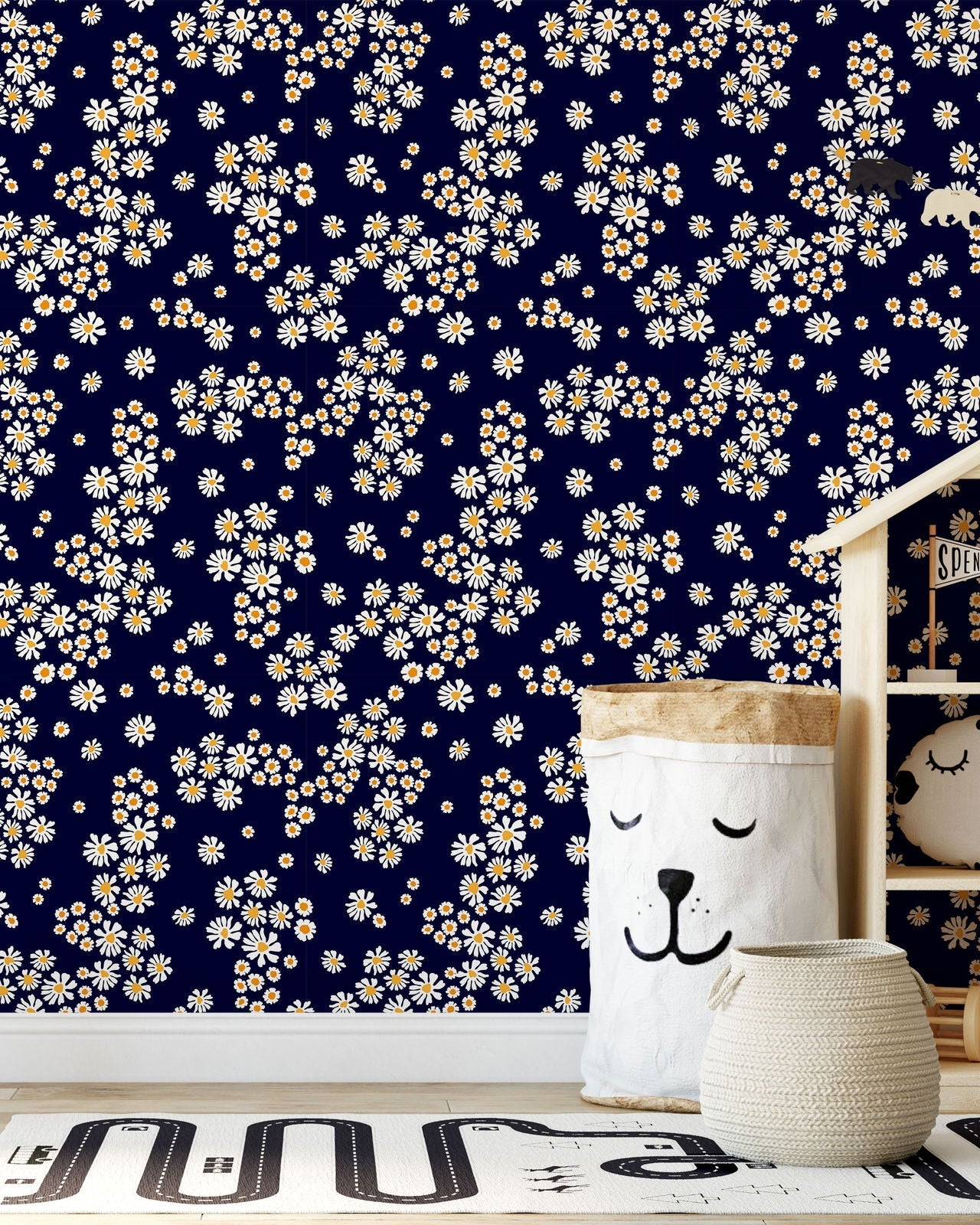 Chamomile Meadow Peel and Stick Wallpaper, Removable Wallpaper, Traditional Wallpaper - Navy | DeccoPrint
