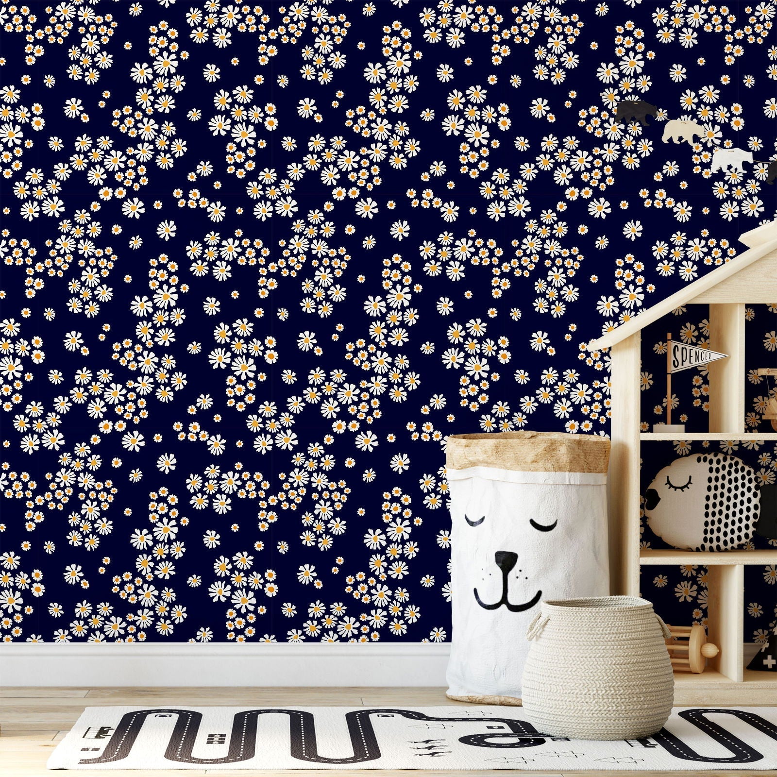 Chamomile Meadow Peel and Stick Wallpaper, Removable Wallpaper, Traditional Wallpaper - Navy | DeccoPrint