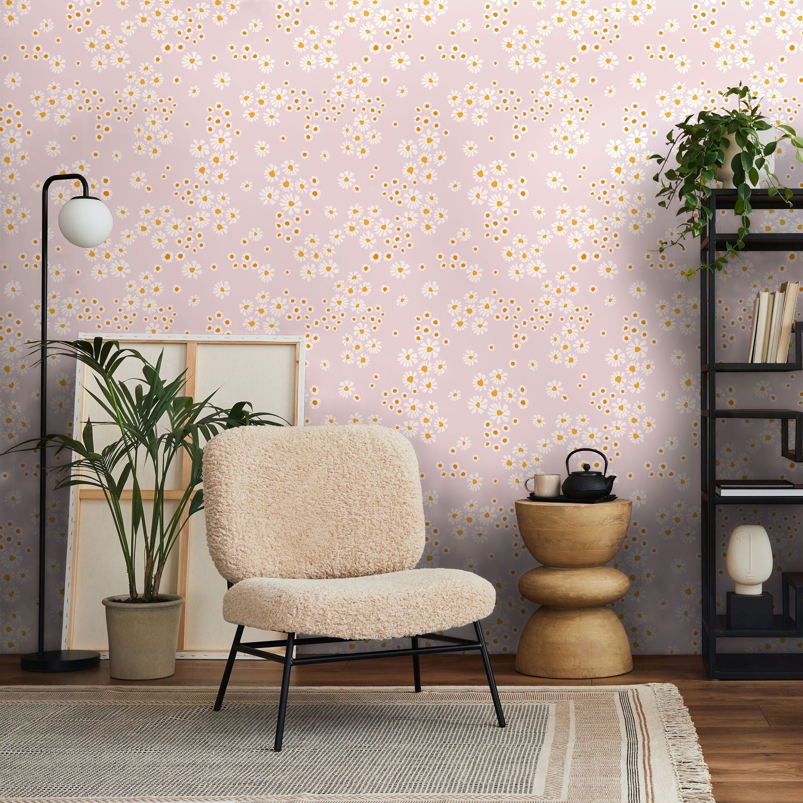 Chamomile Meadow Peel and Stick Wallpaper, Removable Wallpaper, Traditional Wallpaper - Pink | DeccoPrint