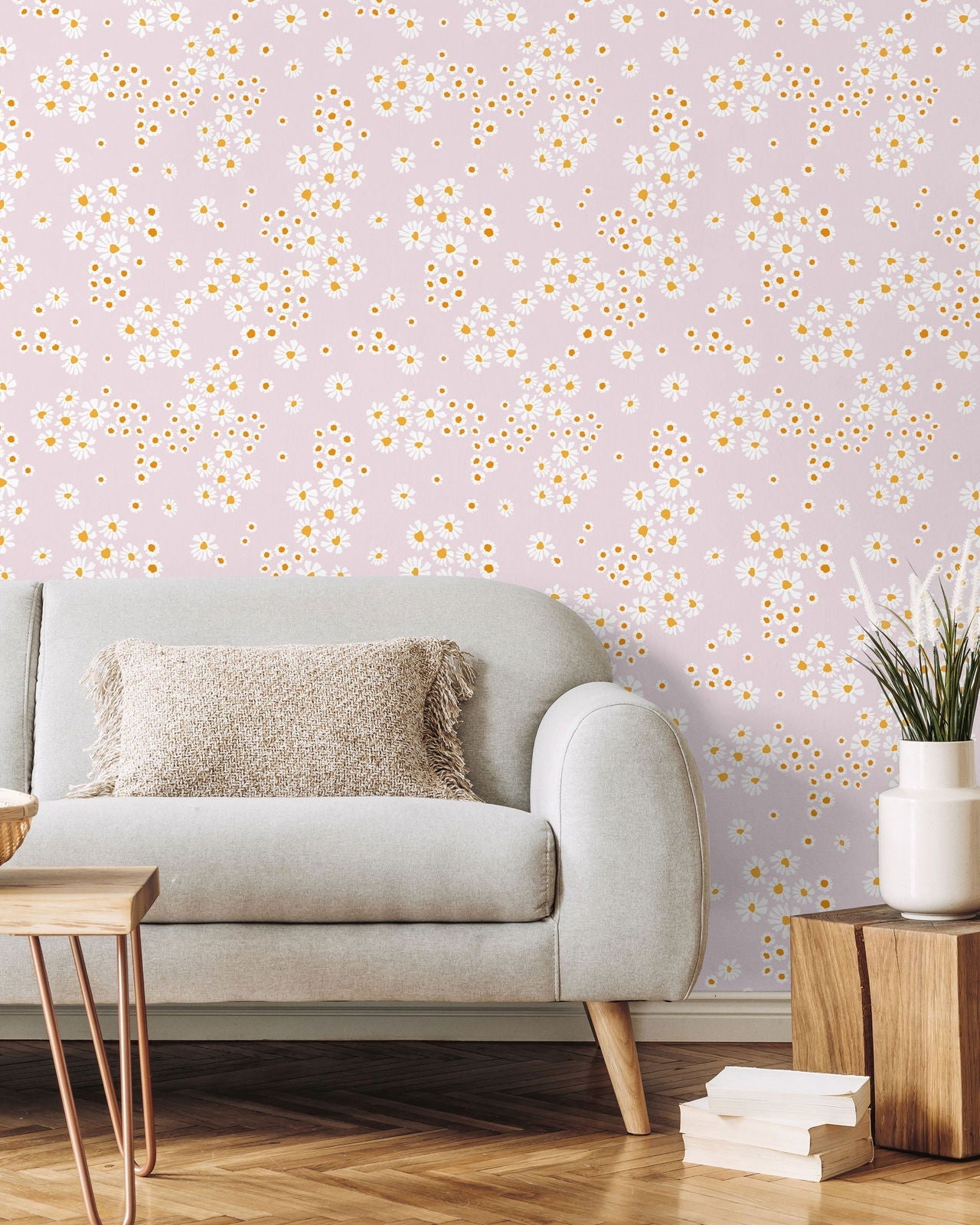 Chamomile Meadow Peel and Stick Wallpaper, Removable Wallpaper, Traditional Wallpaper - Pink | DeccoPrint