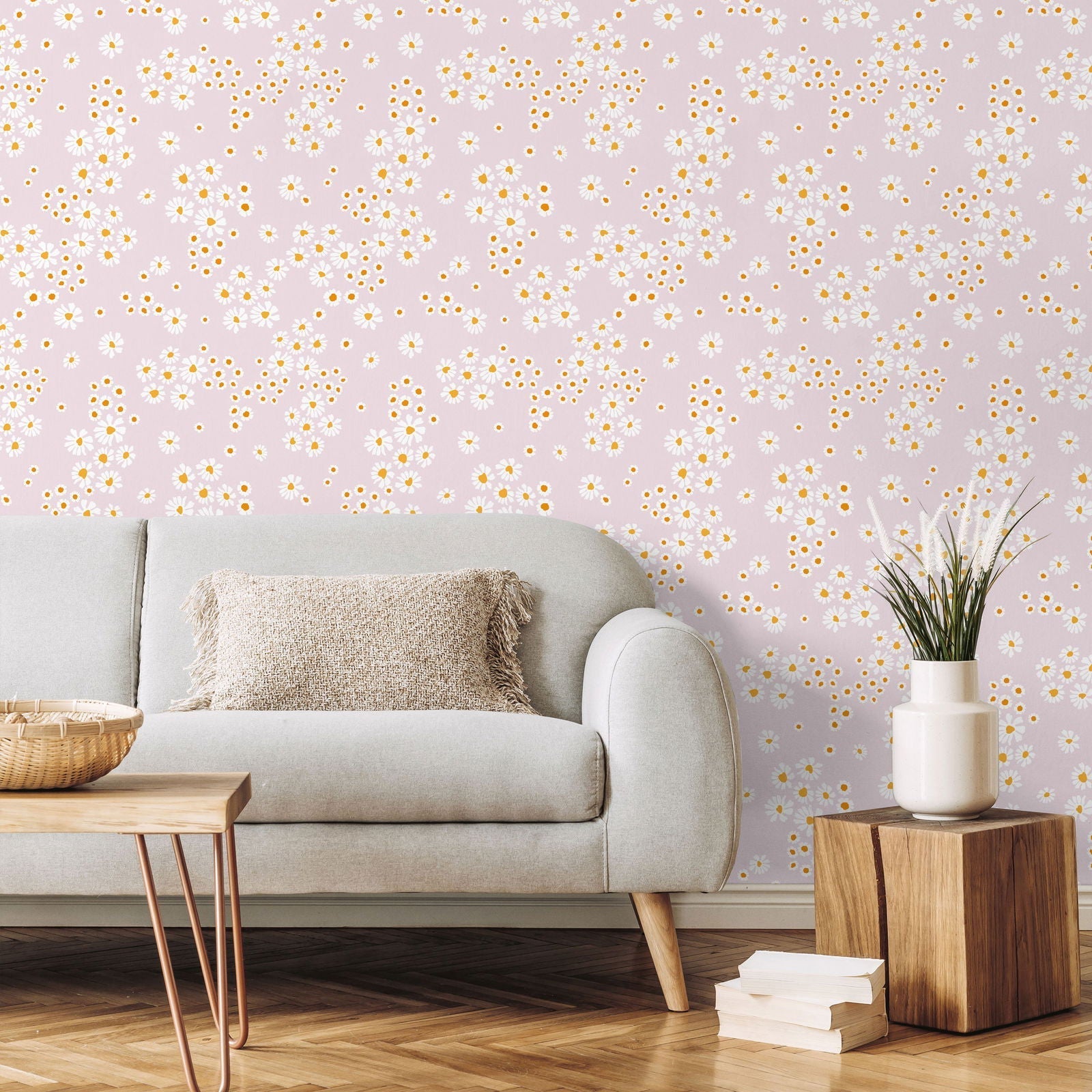 Chamomile Meadow Peel and Stick Wallpaper, Removable Wallpaper, Traditional Wallpaper - Pink | DeccoPrint