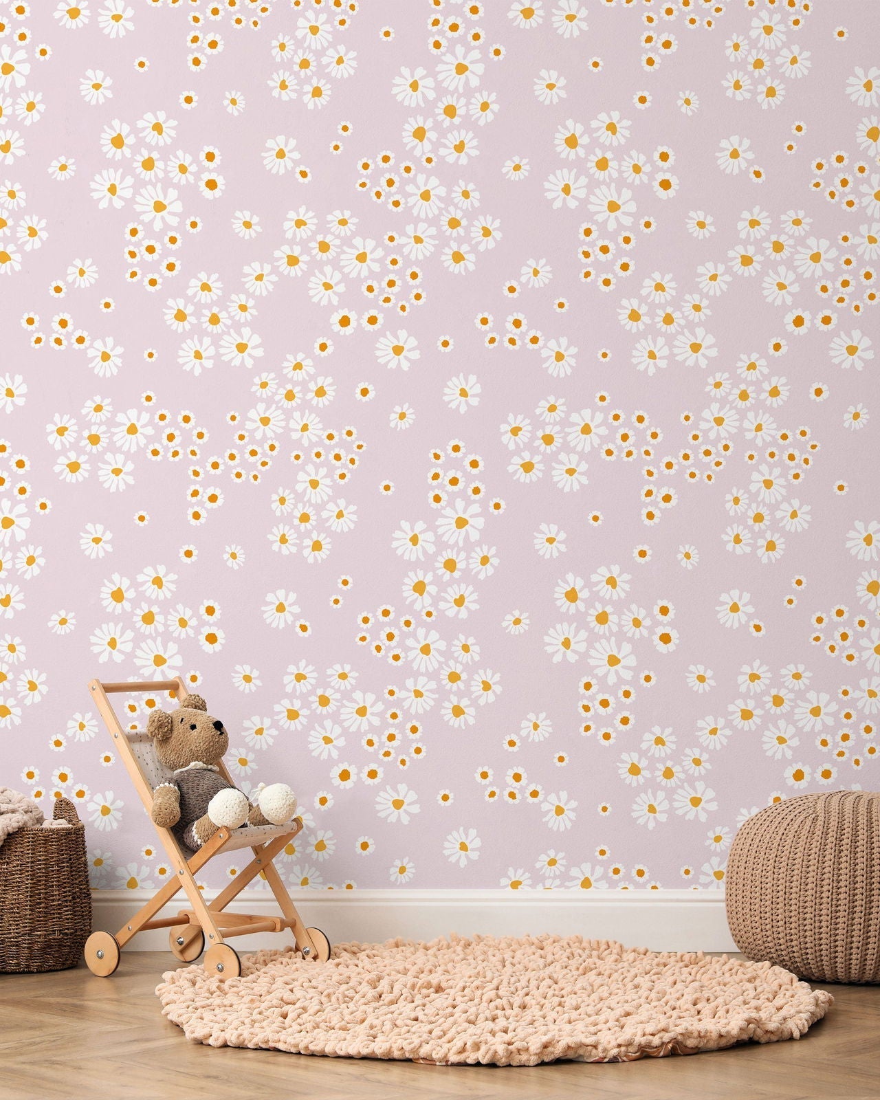 Chamomile Meadow Peel and Stick Wallpaper, Removable Wallpaper, Traditional Wallpaper - Pink | DeccoPrint