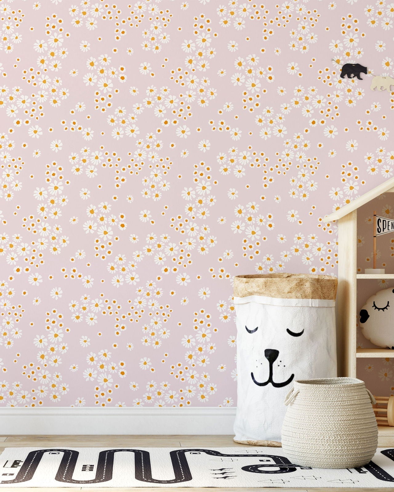 Chamomile Meadow Peel and Stick Wallpaper, Removable Wallpaper, Traditional Wallpaper - Pink | DeccoPrint