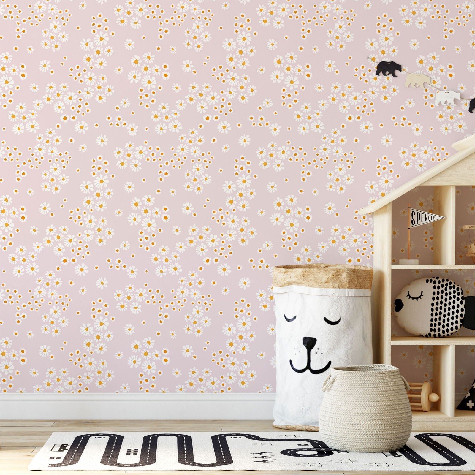 Chamomile Meadow Peel and Stick Wallpaper, Removable Wallpaper, Traditional Wallpaper - Pink | DeccoPrint