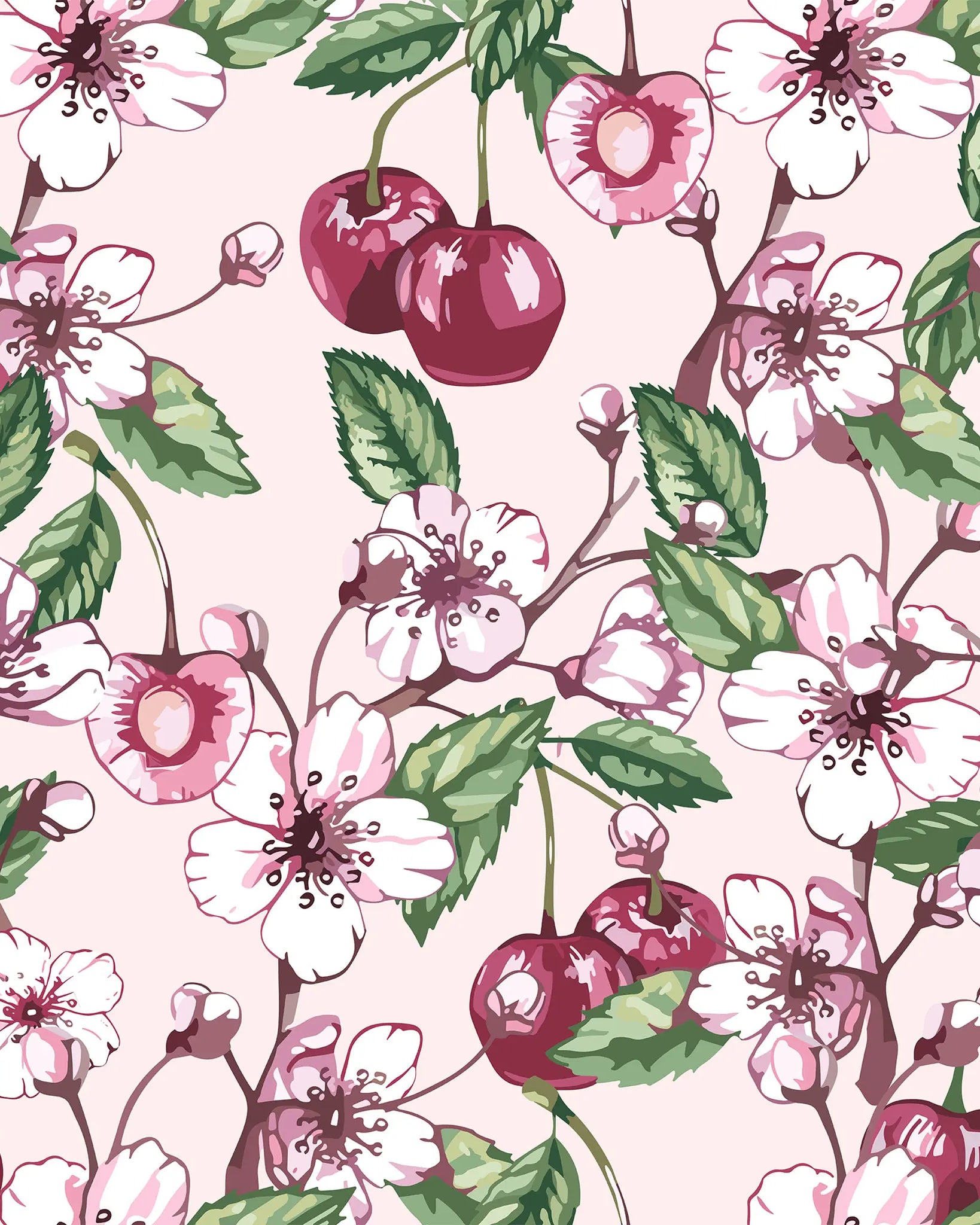 Floral and cherry pattern on a light pink background